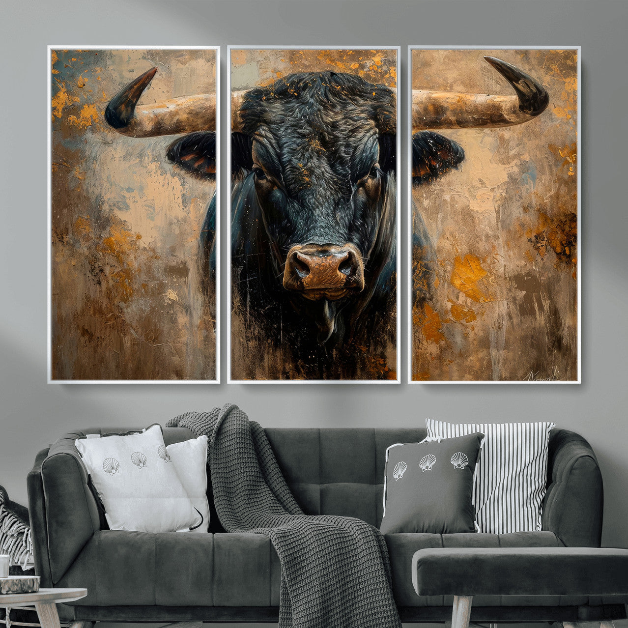 91615410-MGV-CV-36X24 - Abstract Texas Longhorn Bull Wall Art – Rustic Farmhouse Canvas Print, Western Cabin Style Decor, Large Animal Artwork for Living Room or Office