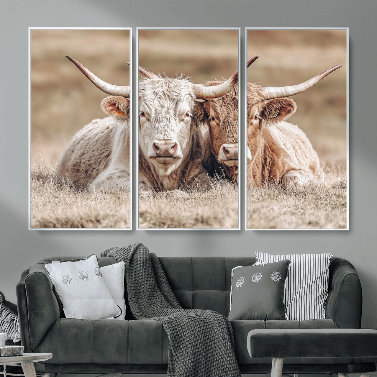38651722-MGV-CV-36X24 - Highland Cows Meadow Canvas Wall Art – Peaceful Cow Photography Print, Rustic Farmhouse Animal Decor for Country Home, Living Room, Office