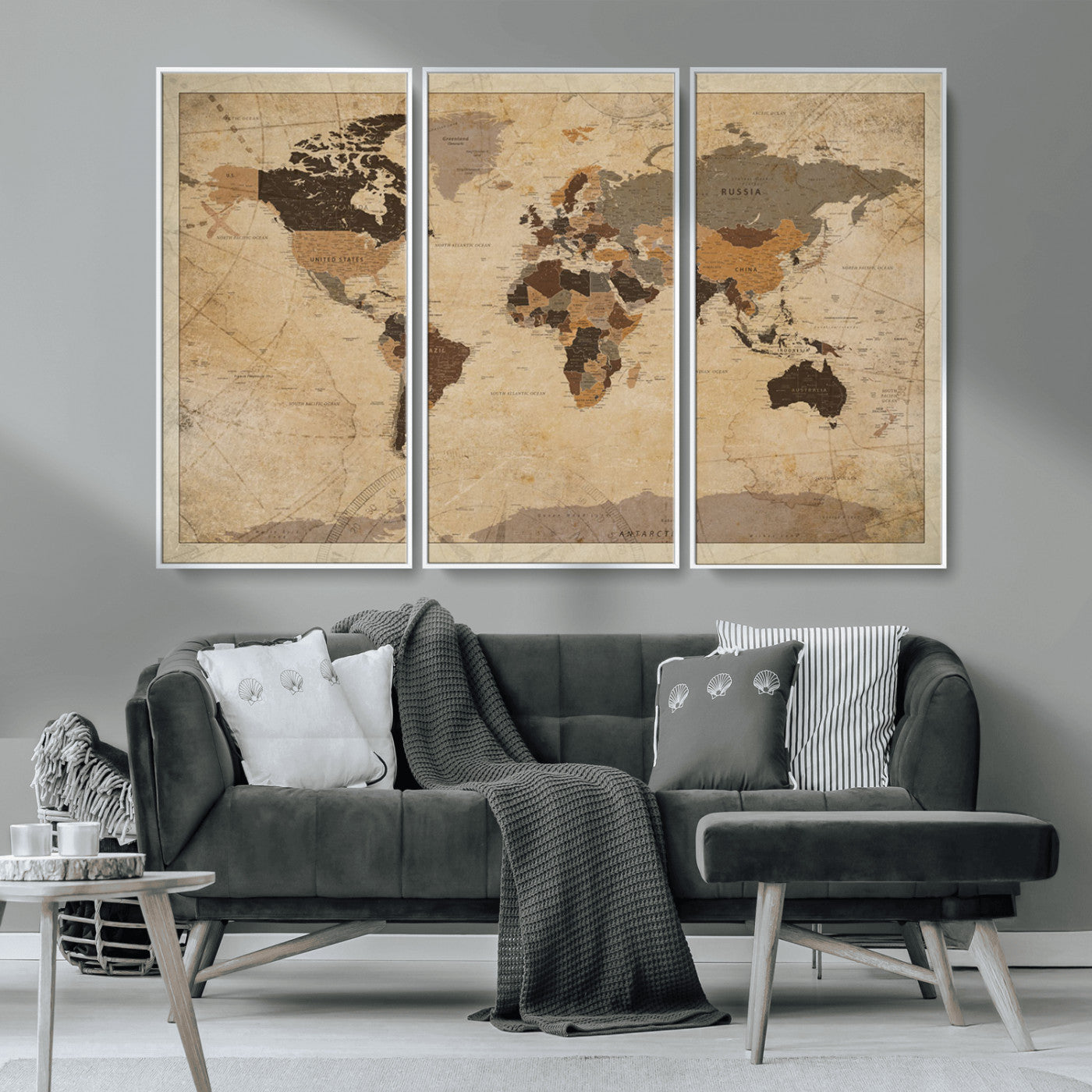 Vintage-style world map with muted brown, beige, and sepia tones, showing countries and continents with a weathered paper texture background.