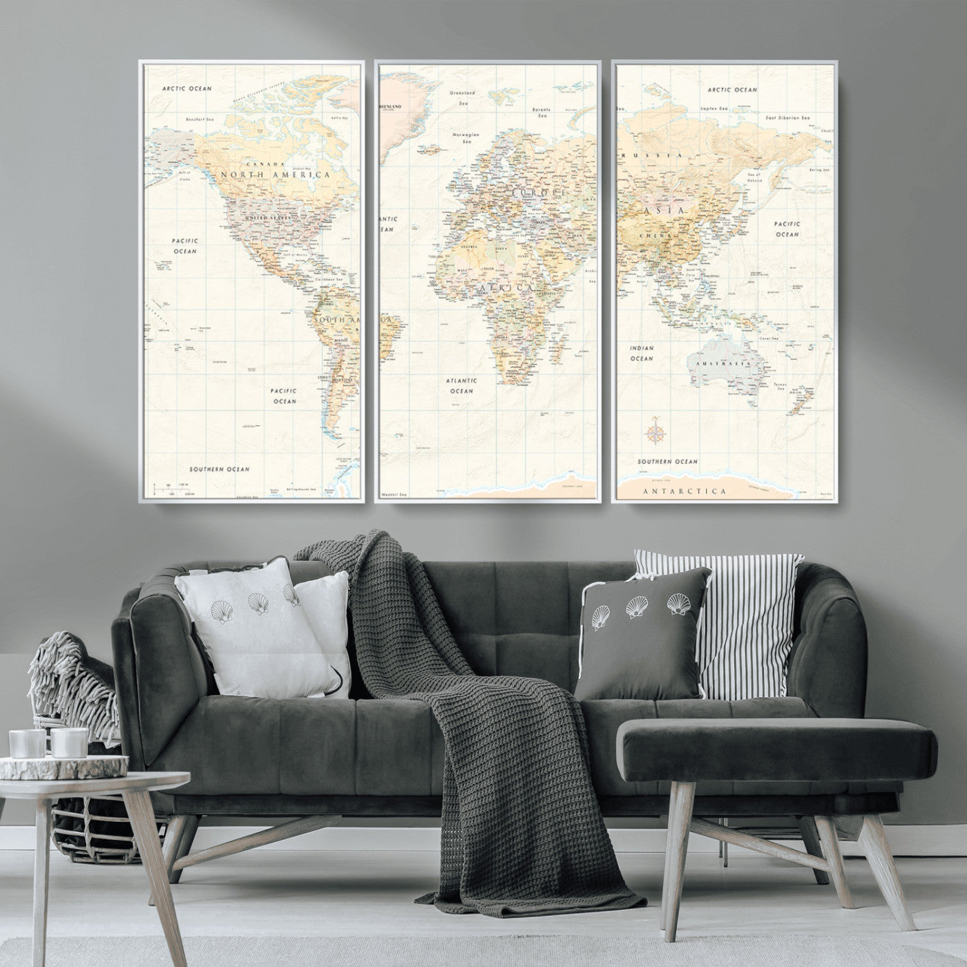 An antique-style world map showing continents, countries, and oceans with soft beige tones, detailed borders, and classic typography, enhanced by a subtle grid overlay and a vintage compass rose.