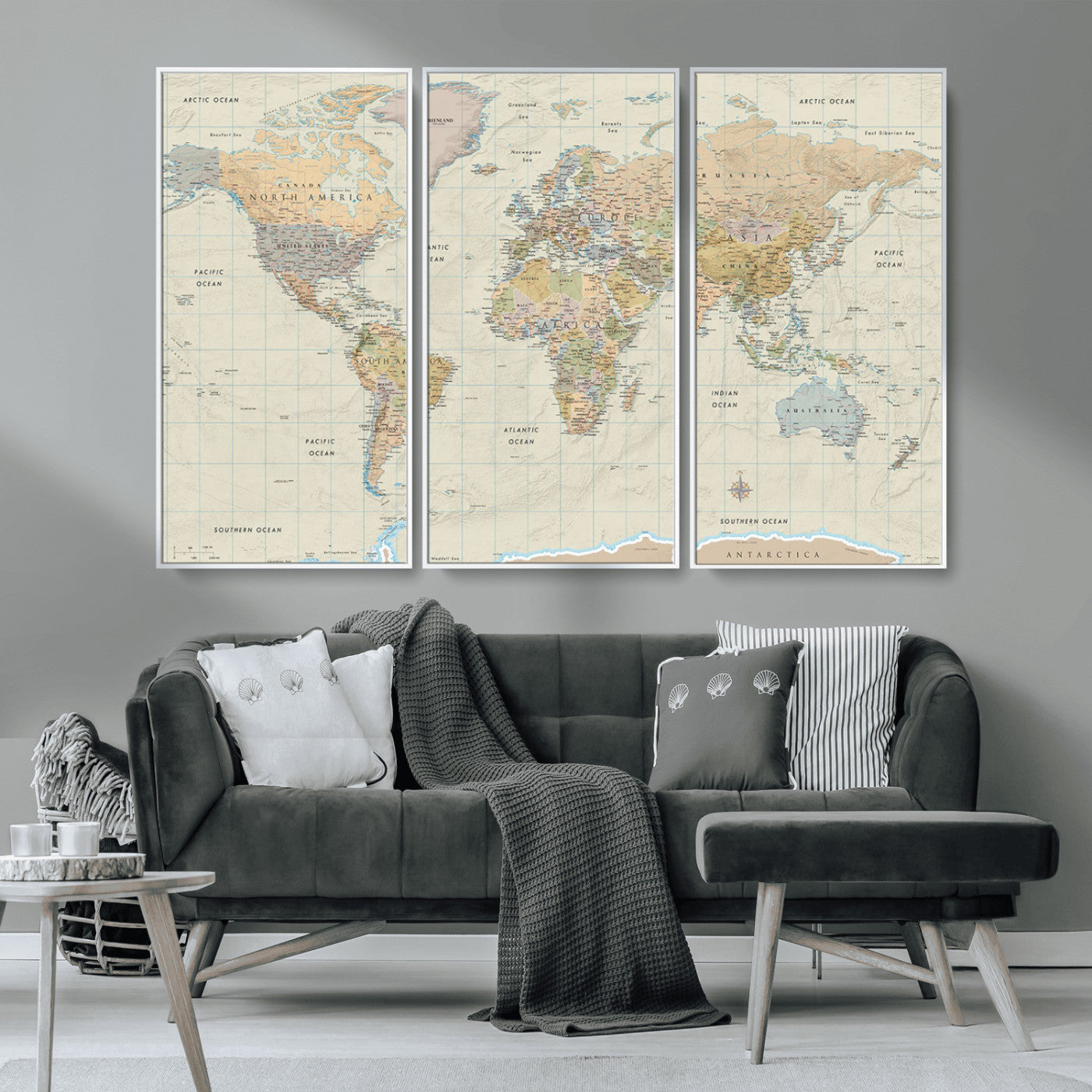 A detailed vintage-style political world map displaying continents, countries, and oceans with clear borders and labels, set on a beige textured background with grid lines.
