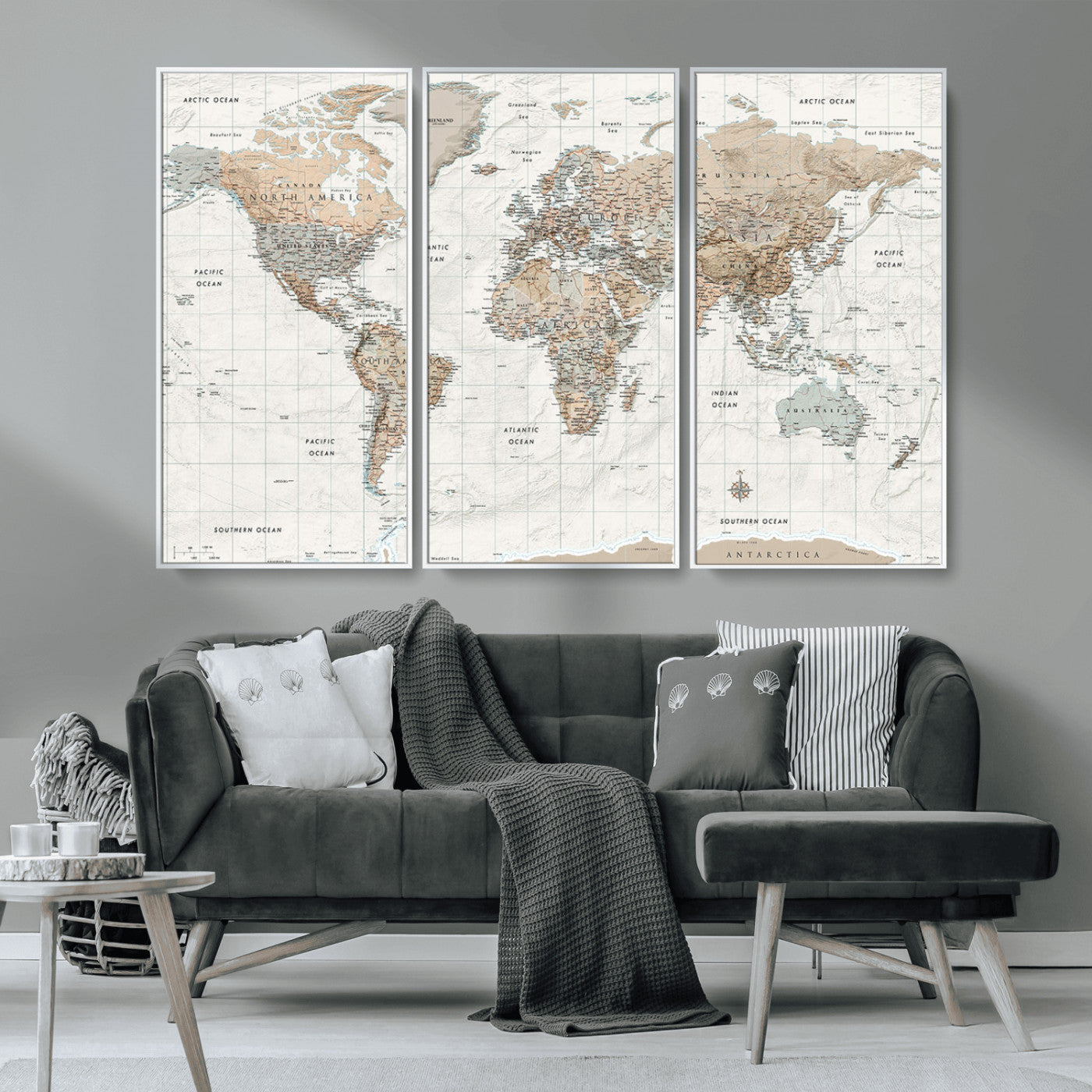 Vintage world map with detailed country borders and labels, featuring soft earthy tones of beige, brown, and gray on a textured parchment background, including oceans, continents, and major cities.