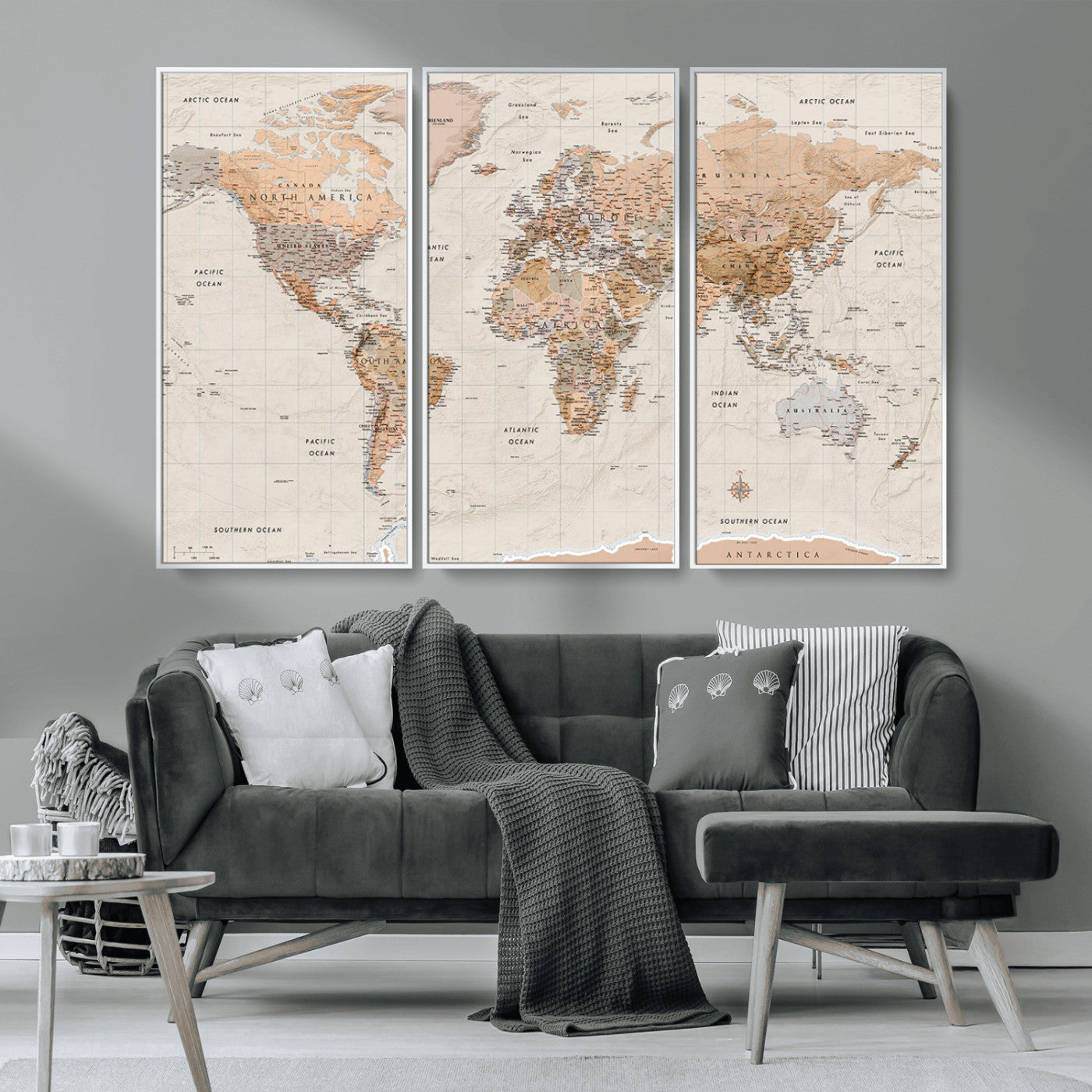Detailed vintage world map with warm earth tones showing country borders, oceans, continents, and major cities, styled with a textured parchment background.
