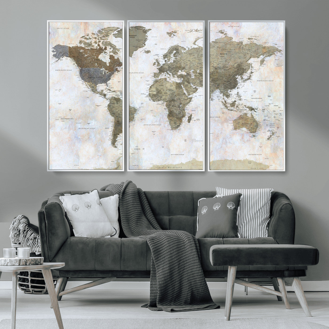 World map printed on a textured canvas with soft muted earth tones and a weathered background, showing detailed countries and continents, perfect for vintage-style wall art.