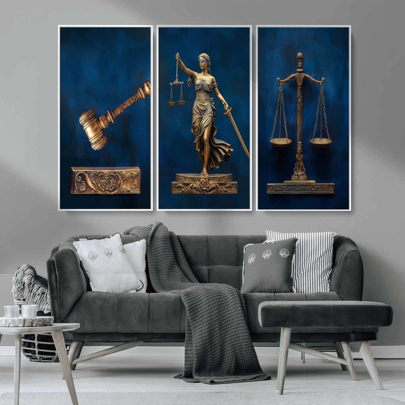 MGV-FC-48X32-3P - Lady Justice Wall Art Canvas Print – Elegant Gold Legal Symbols on Blue Background, Perfect for Law