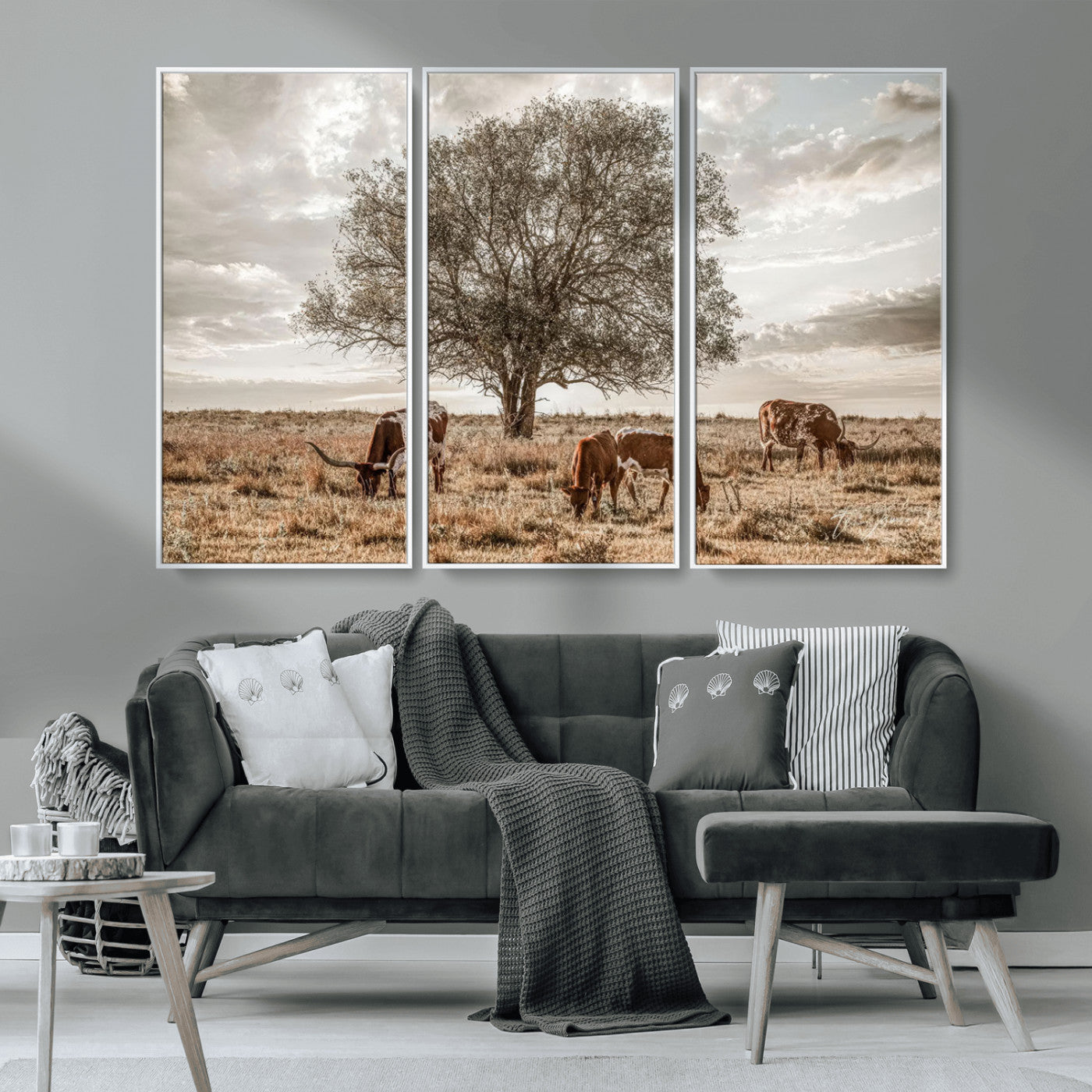 Texas Longhorn Cattle Wall Art Canvas Print – Rustic Western Ranch Scene with Steers at Sunset, Perfect for Farmhouse or Cowboy Decor