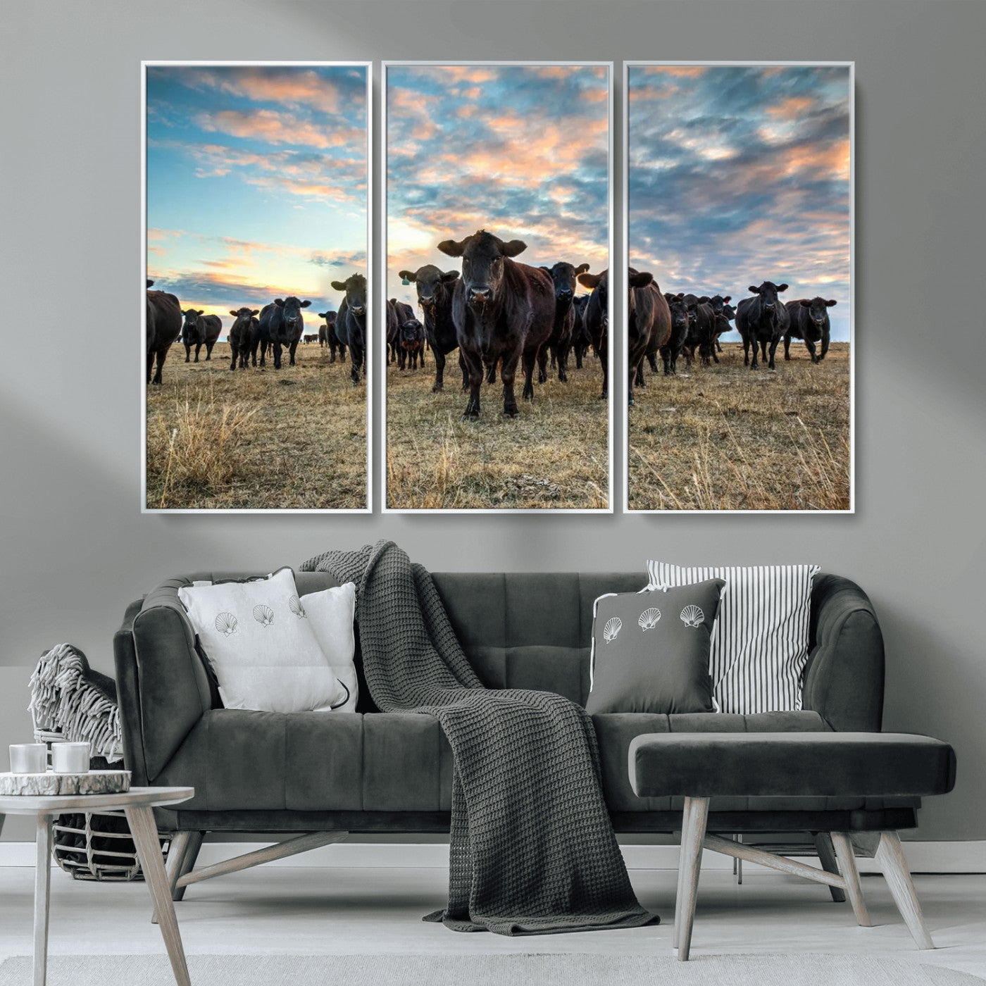 13867292-MGV-CV-36X24-Texas Longhorn Cattle Wall Art Canvas Print – Rustic Western Ranch Scene with Steers at Sunset, Perfect for Farmhouse or Cowboy Decor