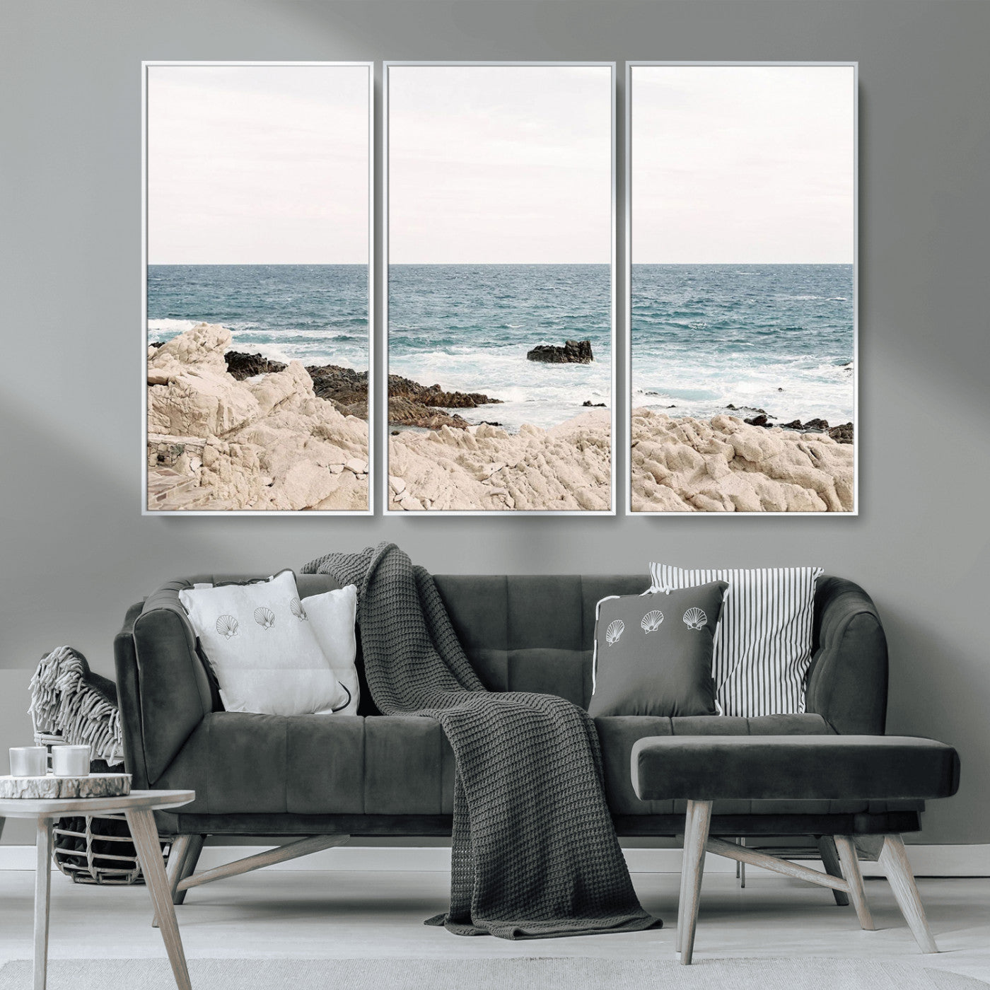 25481980-MGV-CV-36X24-Coastal Ocean View Wall Art Canvas Print – Serene Rocky Shoreline and Blue Sea Photography for Coastal Chic or Minimalist Home Decor