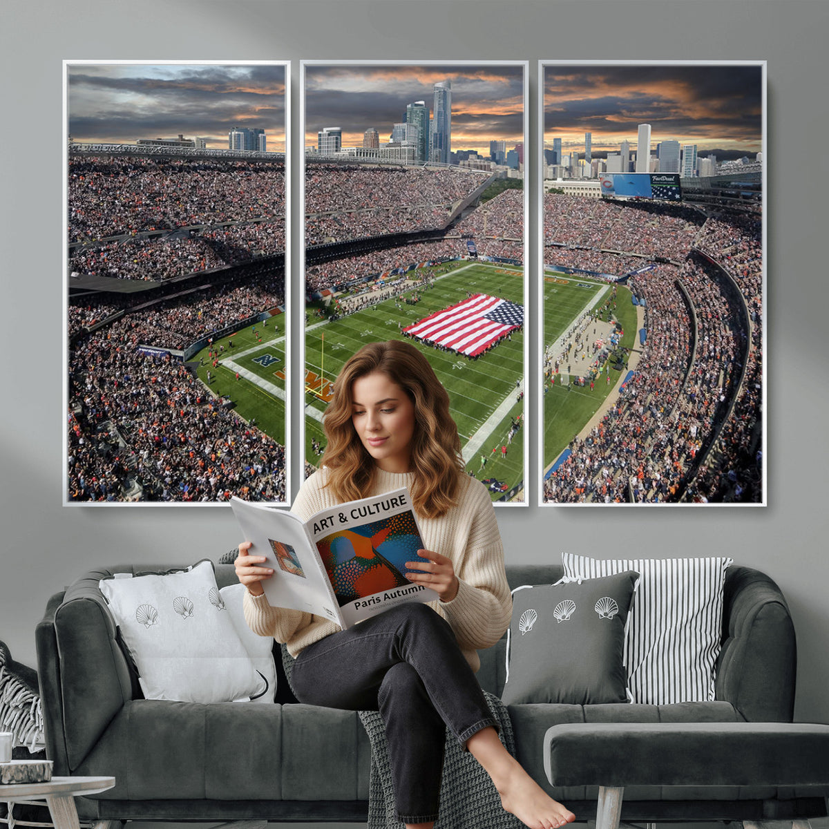 98106777-PAN-FL-20X10 - Chicago Bears Soldiers Field Wall Art Canvas Print, Extra Large Game Room Wall Decor