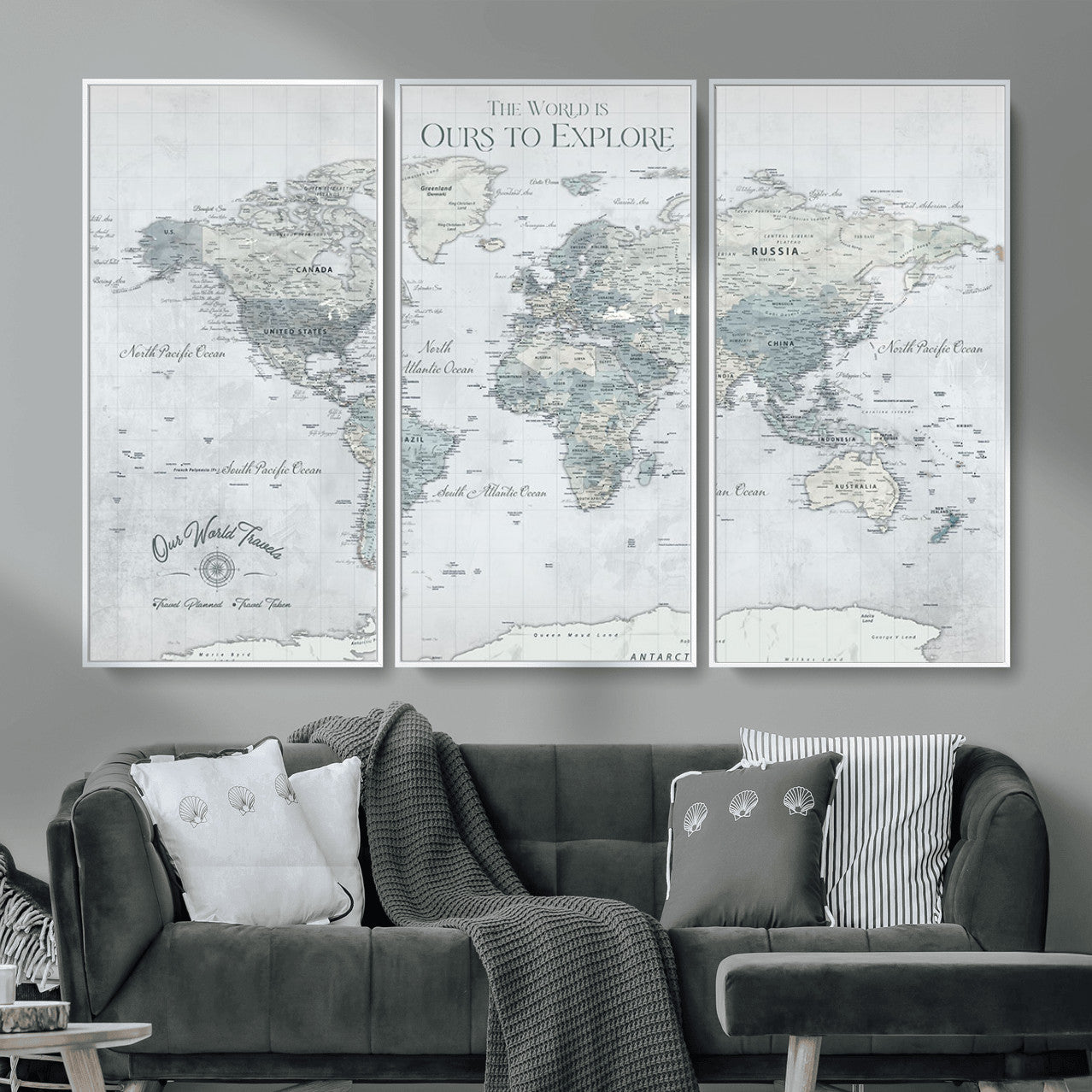 73654056-MGV-FC-48X32-3P - Personalized Push Pin World Map Canvas Print – Custom Framed Travel Tracker Artwork for Couples or Home Decor
