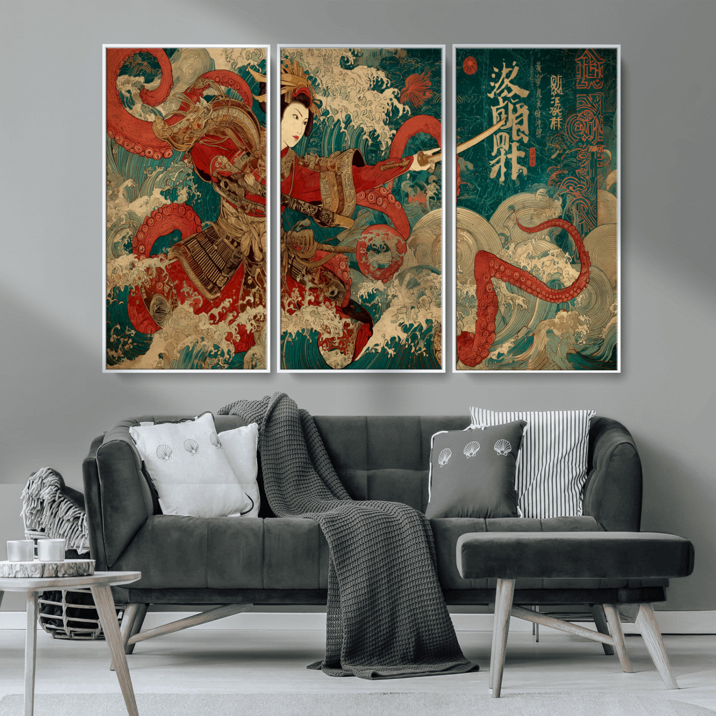 MGV-FC-48X32-3P - Tsukioka Yoshitoshi Samurai Wall Art Print, Japanese Katana Warrior Canvas Wall Art, Octopus Sea Monster Canvas Print,