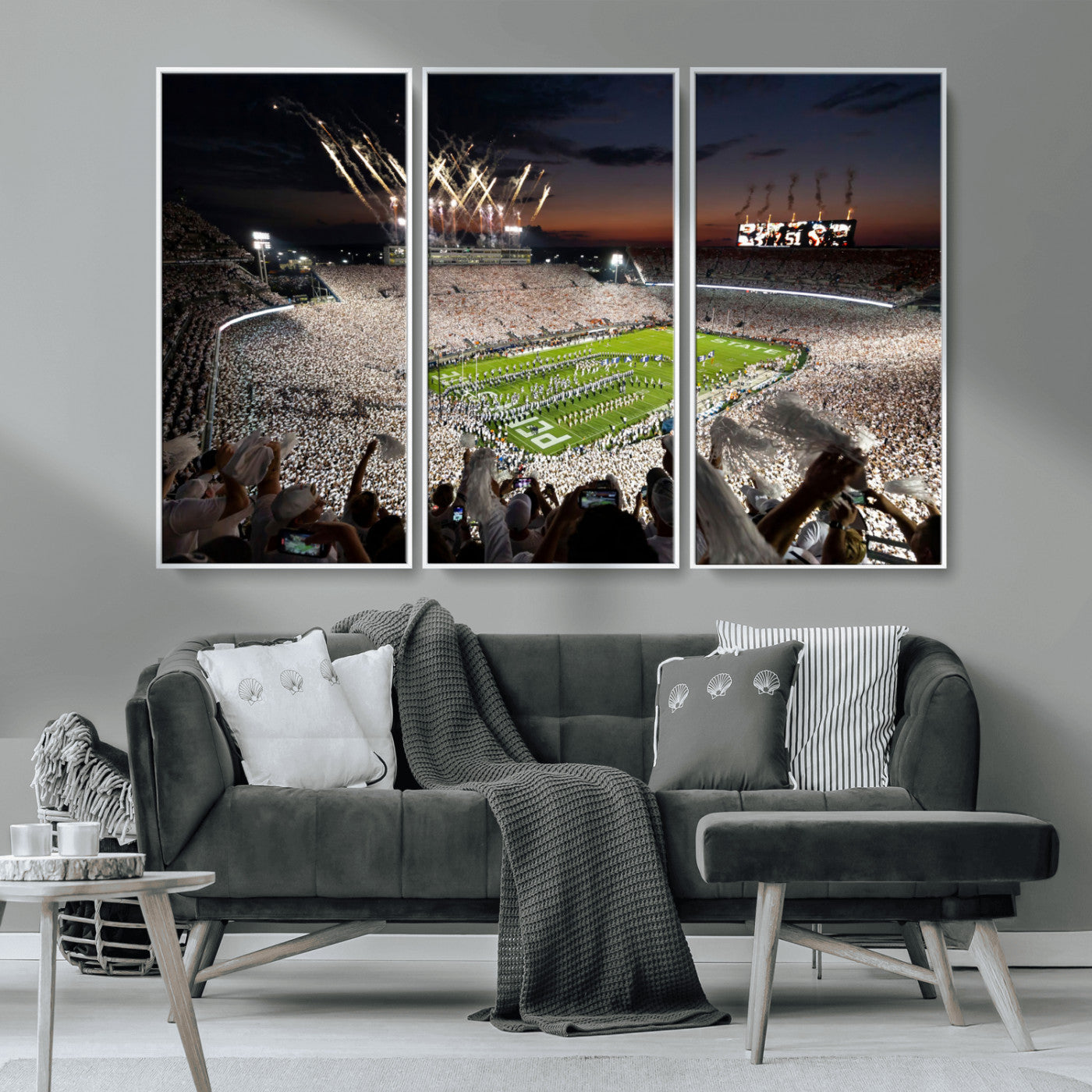 MGV-FC-48X32-3P - Penn State Stadium Wall Art Print, White Out Football Game Canvas Wall Art, Framed Sports Stadium,