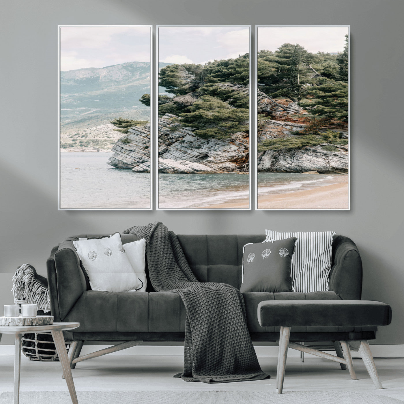 MGV-FC-48X32-3P - Coastal Rock Canvas Wall Art Print, Scenic Beach Landscape, Pine Trees on Rocky Cliff, Large Nature