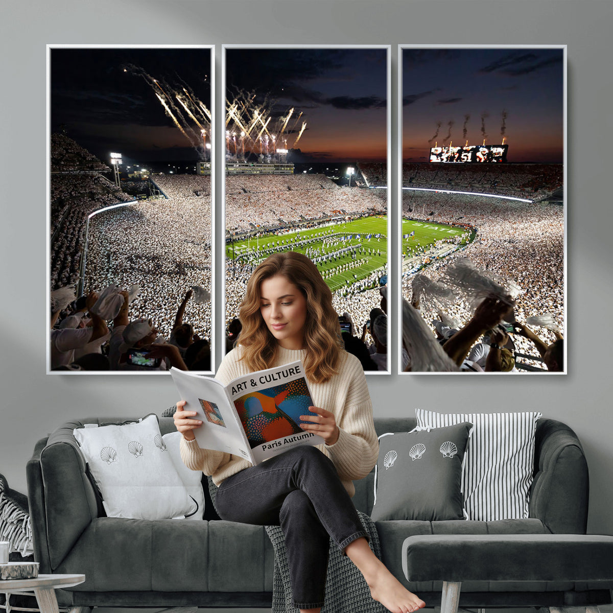 11221988-MGV-CV-36X24 - Epic Night Football Stadium Wall Art Canvas Print, Fireworks and Crowd