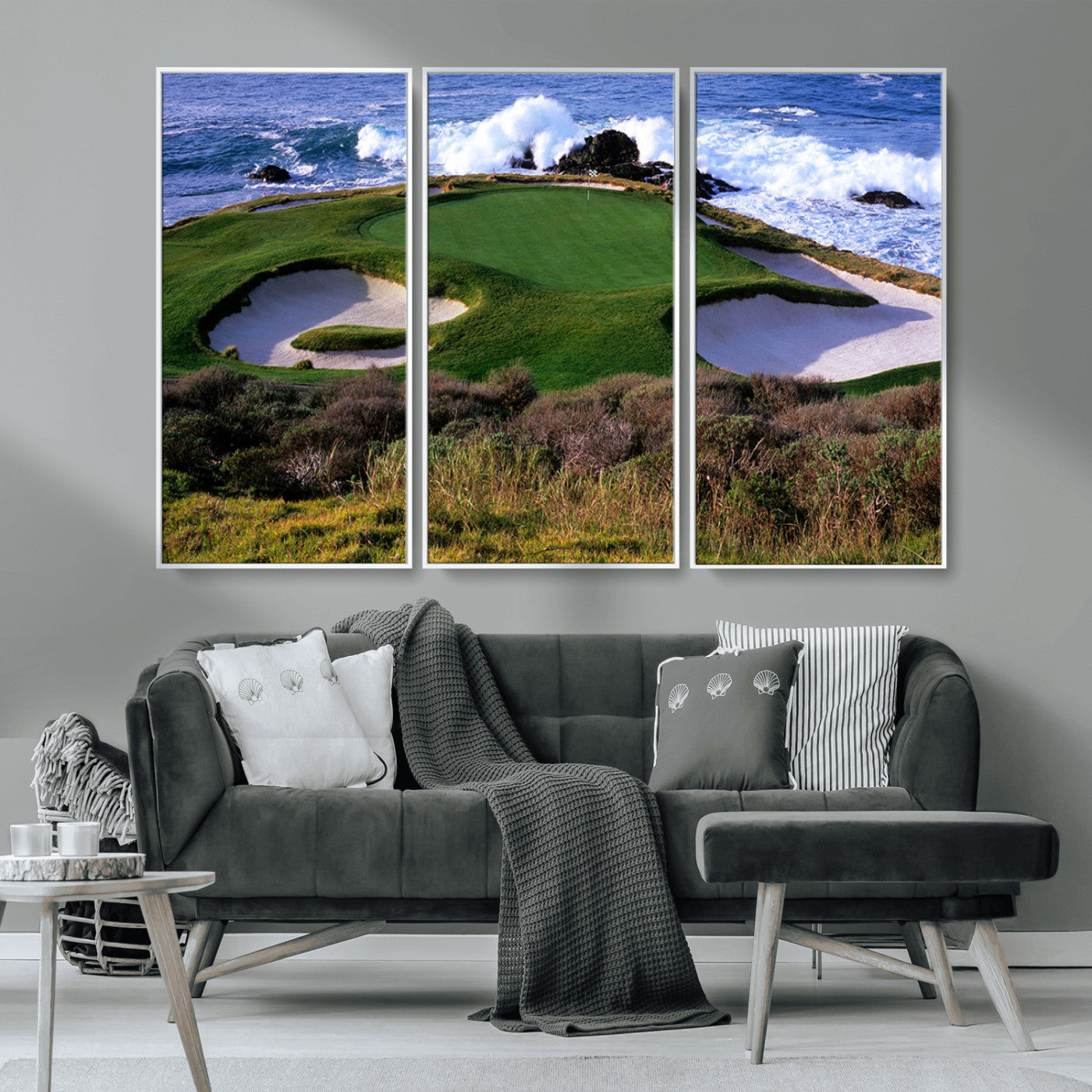 22776914-MGV-CV-36X24-Ocean Cliff Golf Green Canvas Print – Framed Majestic Coastal Scene with Lush Green Artwork for Home, Office