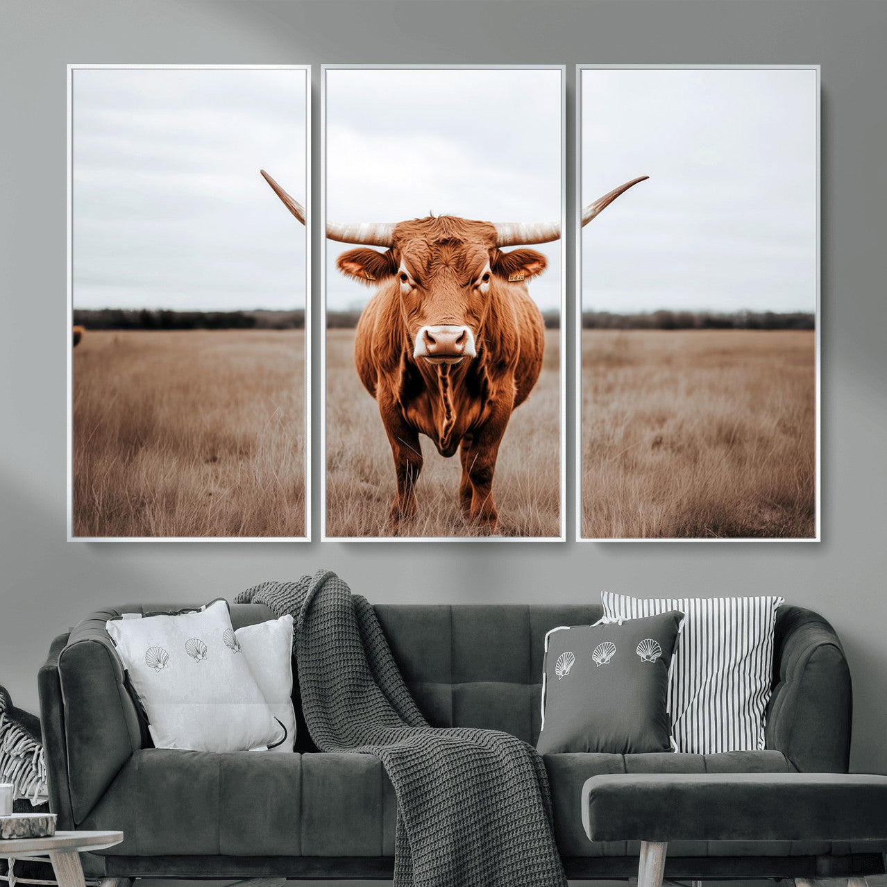 16316734-MGV-FC-48X32-3P - Longhorn bull, open field, rustic charm, natural beauty, Wall Art Canvas Print, countryside,