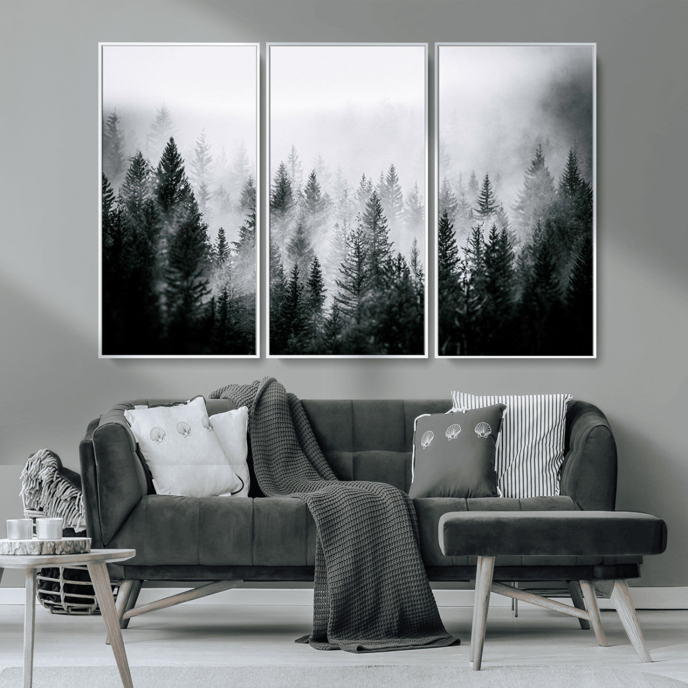 MGV-FC-48X32-3P - Foggy Pine Forest Canvas Wall Art – Black and White Nature Landscape Print, Horizontal Canvas for