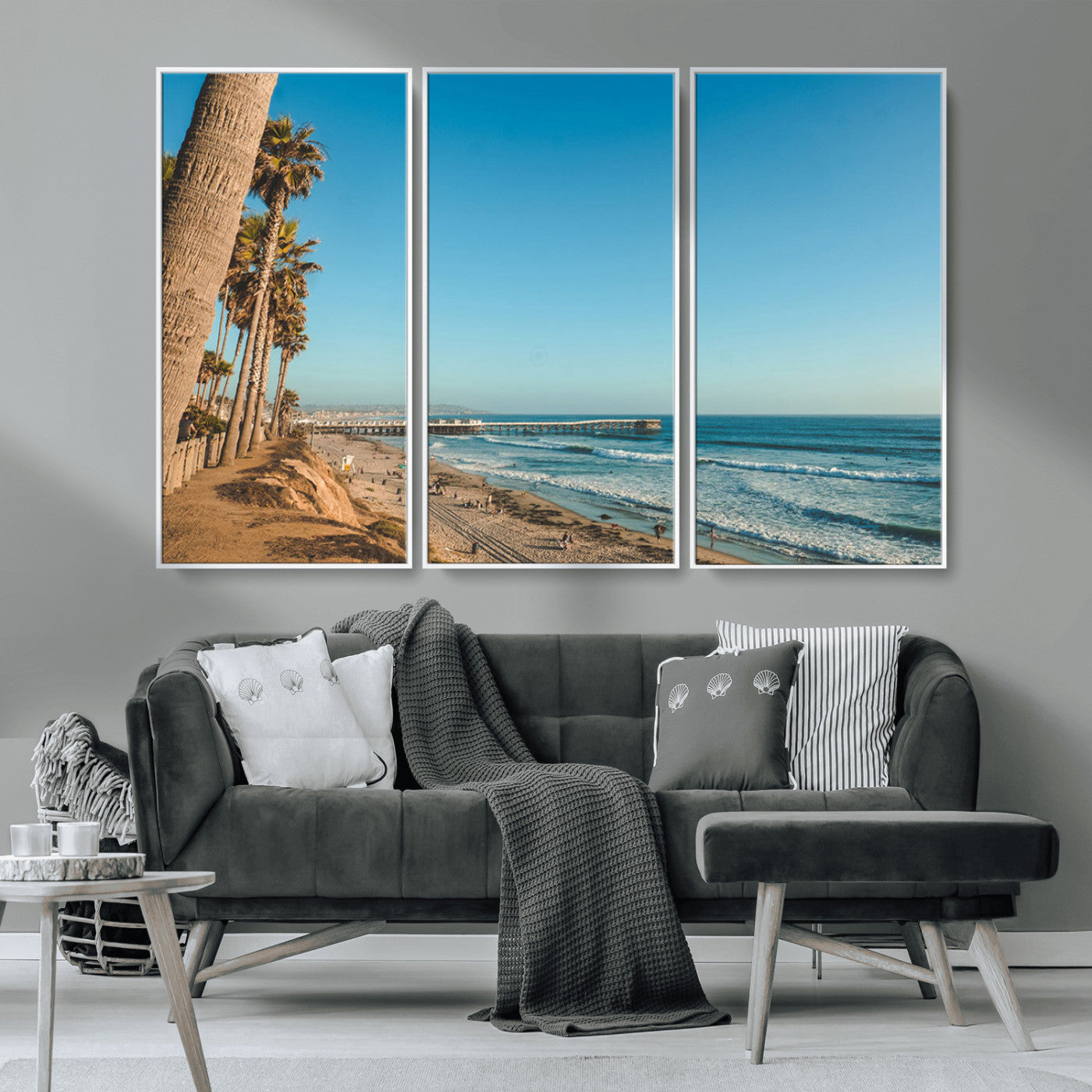 MGV-FC-48X32-3P - Scenic Beach with Tall Palm Trees, Sandy Shore, and Long Pier Stretching into the Calm Ocean Under