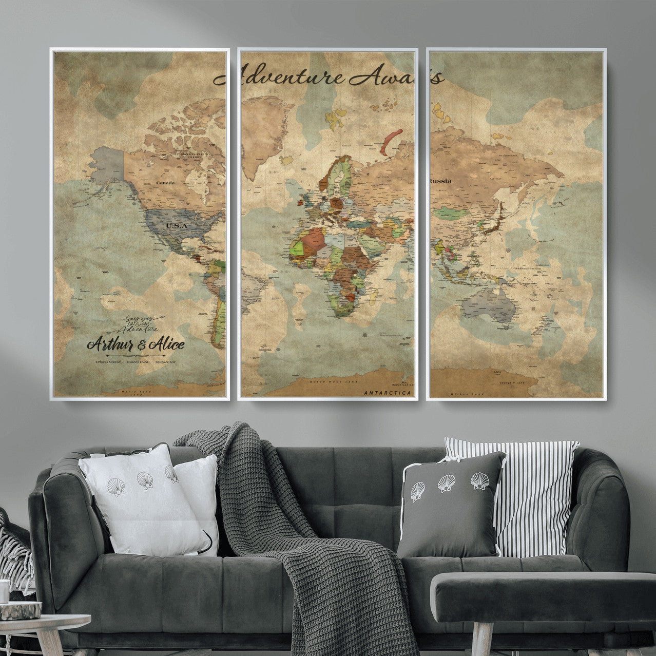 MGV-FC-48X32-3P - Personalized World Map Wall Art Canvas Print – Custom Push Pin Travel Map for Couples, Families, or Office Décor