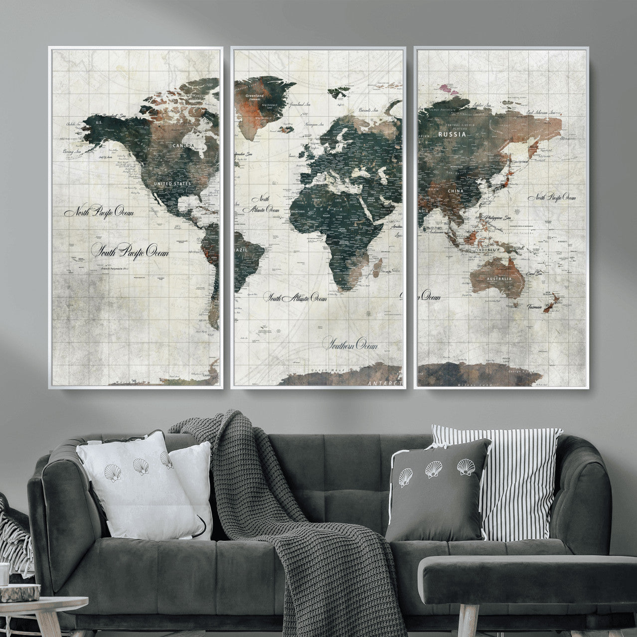 90149079-MGV-FC-48X32-3P - World Map Wall Art Canvas Print, Modern Decorative Framed Map Artwork Prints for Living Room, Office, Bedroom Wall Decor