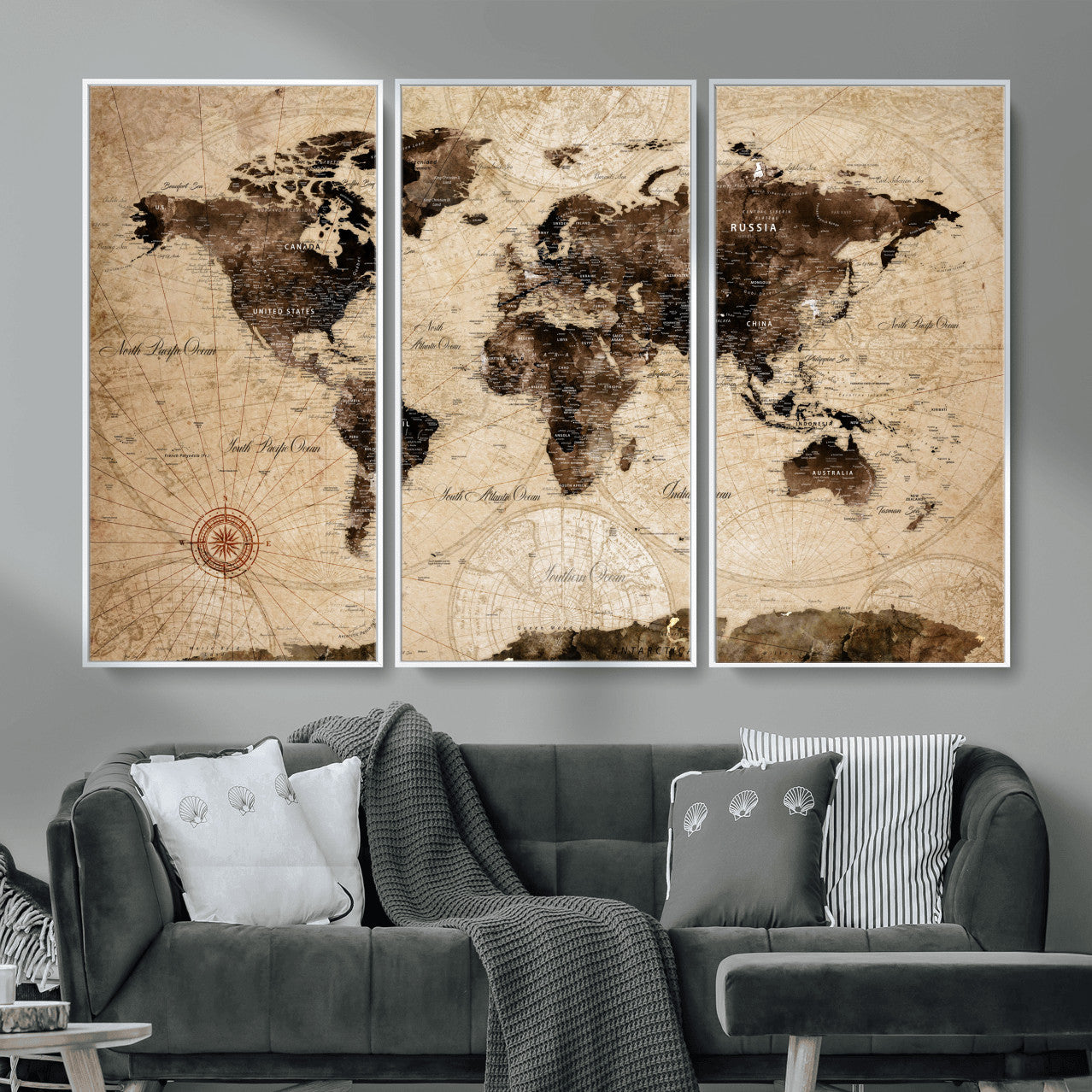 97114757-MGV-FC-48X32-3P - Vintage World Map Wall Art Canvas Print, Modern Decorative Framed Map Artwork Prints for Living Room, Office, Bedroom Wall Decor