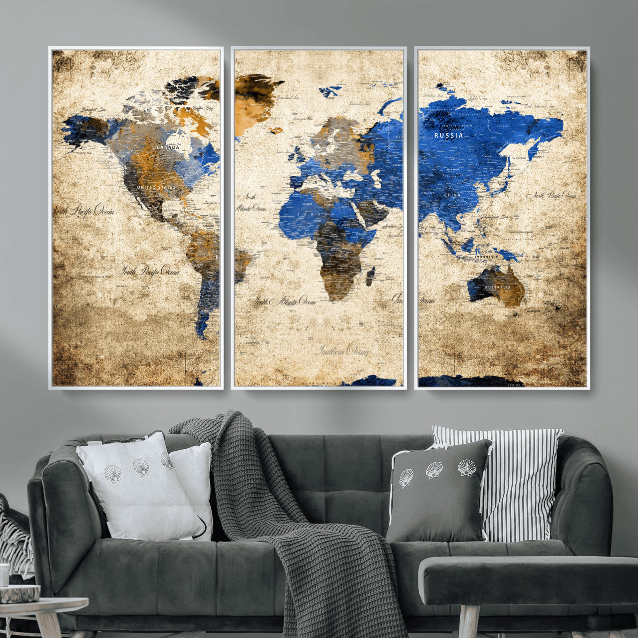 13564339-MGV-FC-48X32-3P - World Map Wall Art Canvas Print, Modern Decorative Framed Map Artwork Prints for Living Room, Office, Bedroom Wall Decor