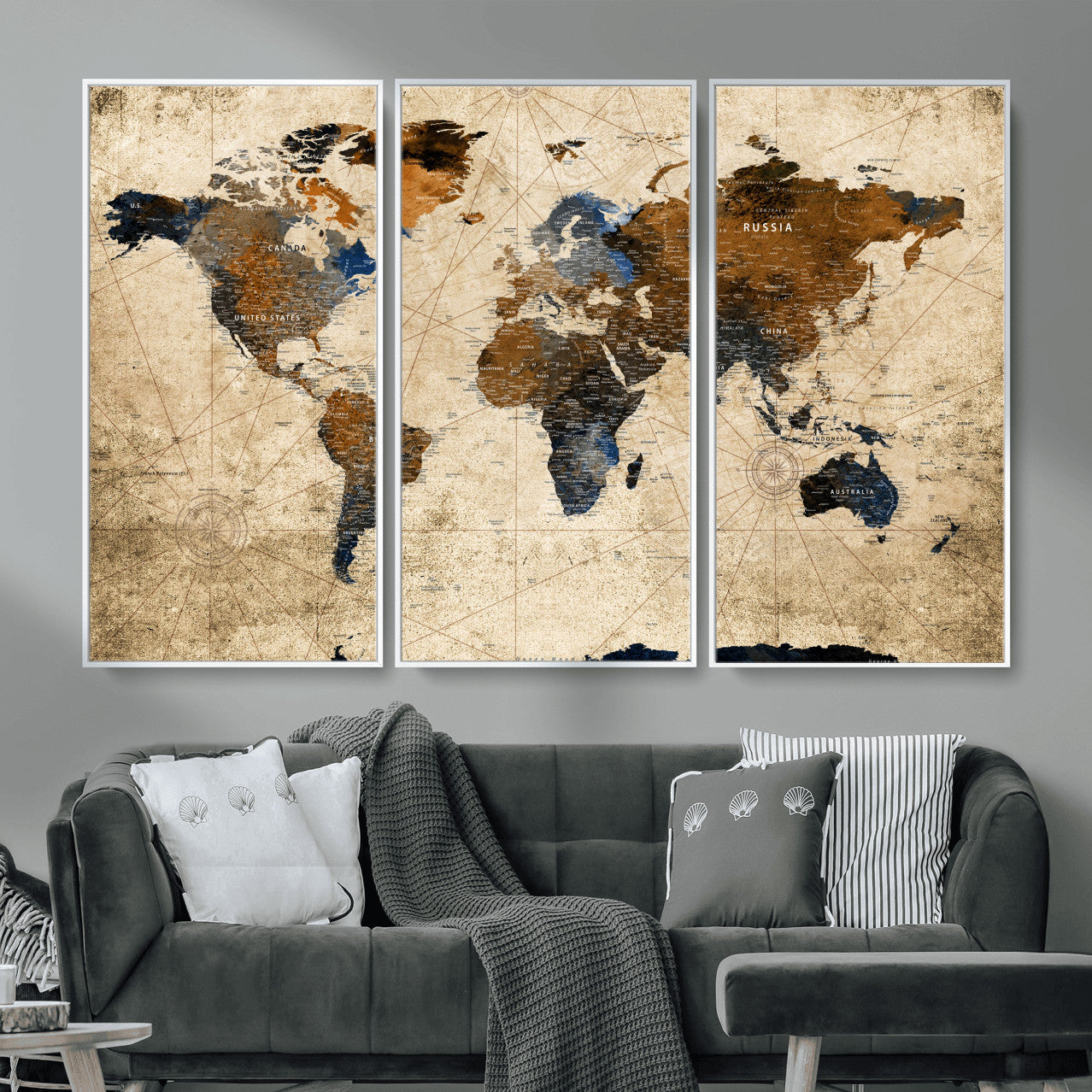 56297284-MGV-FC-48X32-3P - World Map Wall Art Canvas Print, Modern Decorative Framed Map Artwork Prints for Living Room, Office, Bedroom Wall Decor