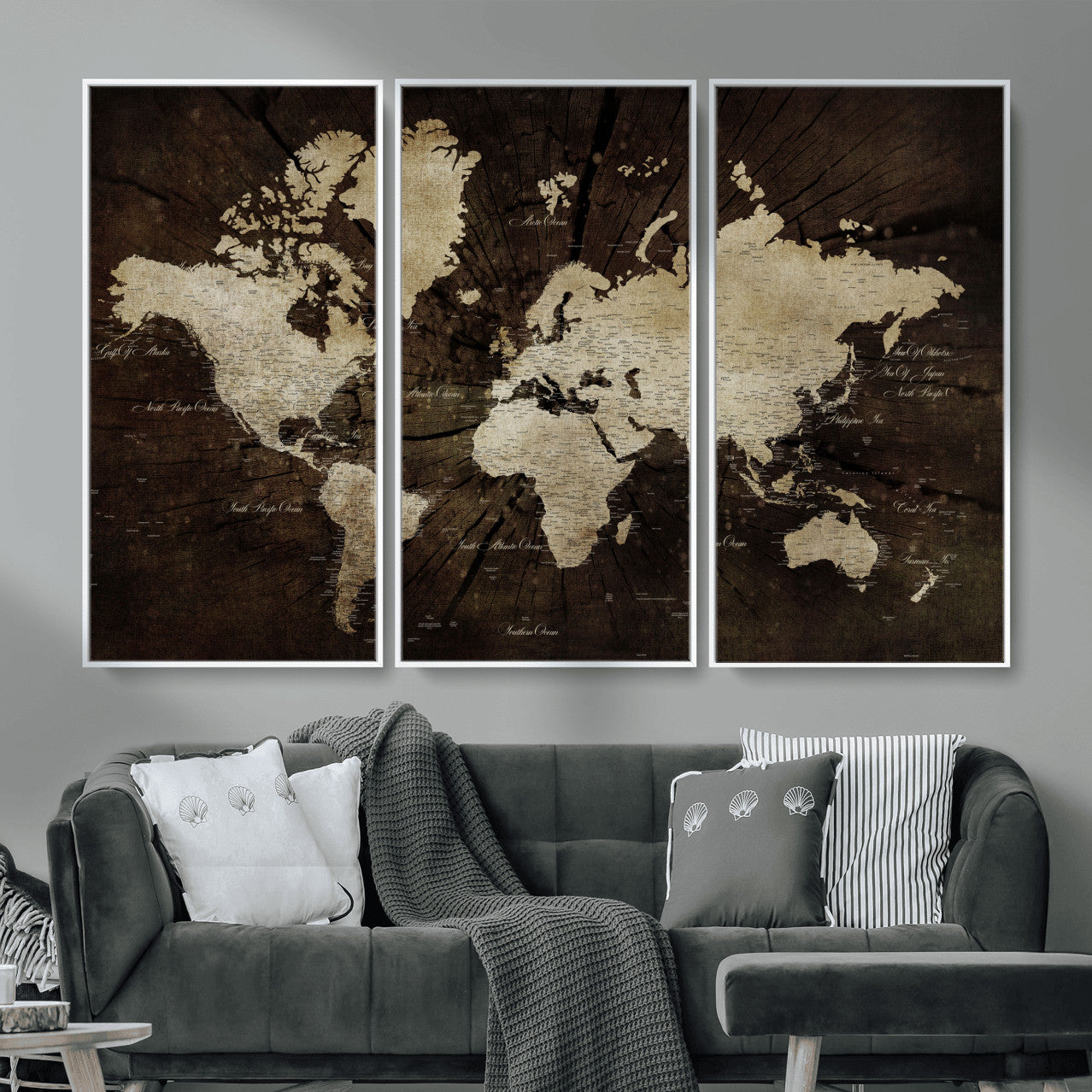 24010397-MGV-FC-48X32-3P - World Map Wall Art Canvas Print, Modern Decorative Framed Map Artwork Prints for Living Room, Office, Bedroom Wall Decor