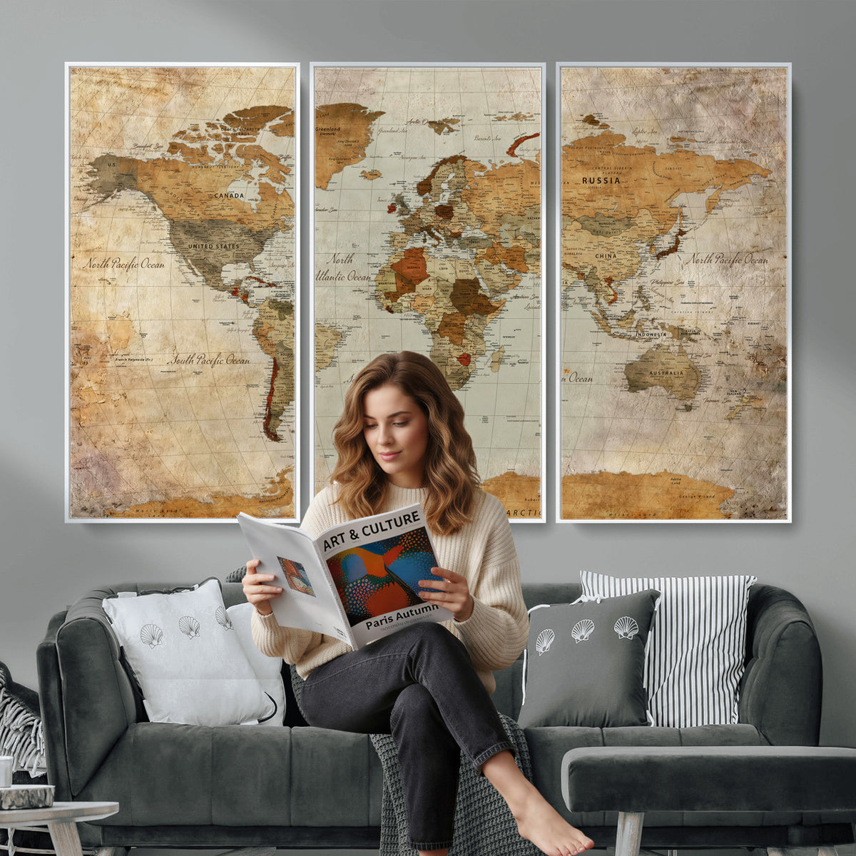 74176056-MGV-CV-36X24 - World Map Wall Art Canvas Print, Modern Decorative Framed Map Artwork Prints for Living Room, Office, Bedroom Wall Decor