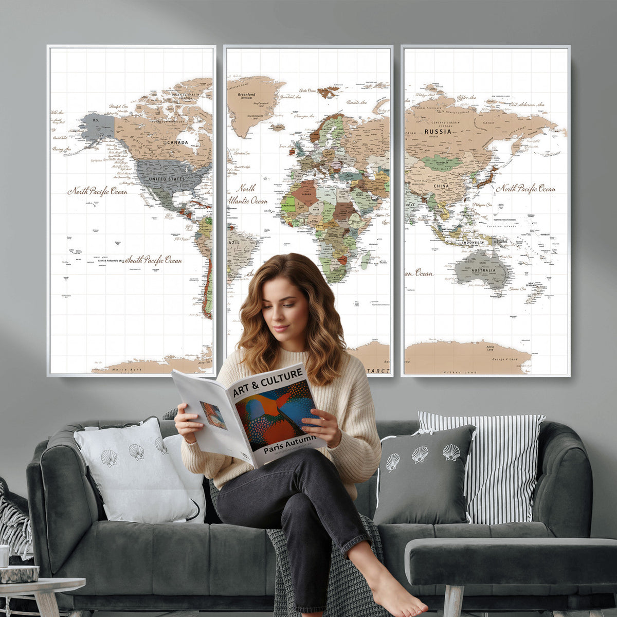91286788-MGV-CV-36X24 - World Map Wall Art Canvas Print, Modern Decorative Framed Map Artwork Prints for Living Room, Office, Bedroom Wall Decor