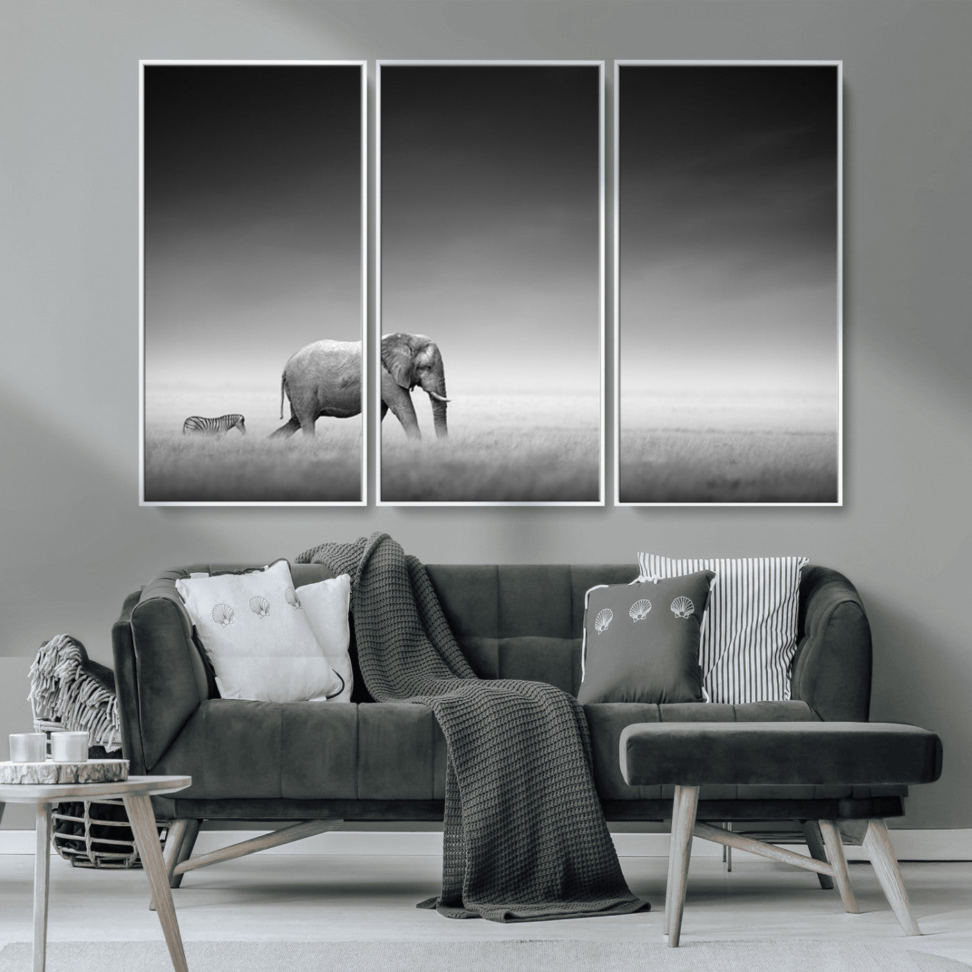 MGV-FC-48X32-3P - Elephand and Zebra Wall Art Canvas Print, Modern Artwork