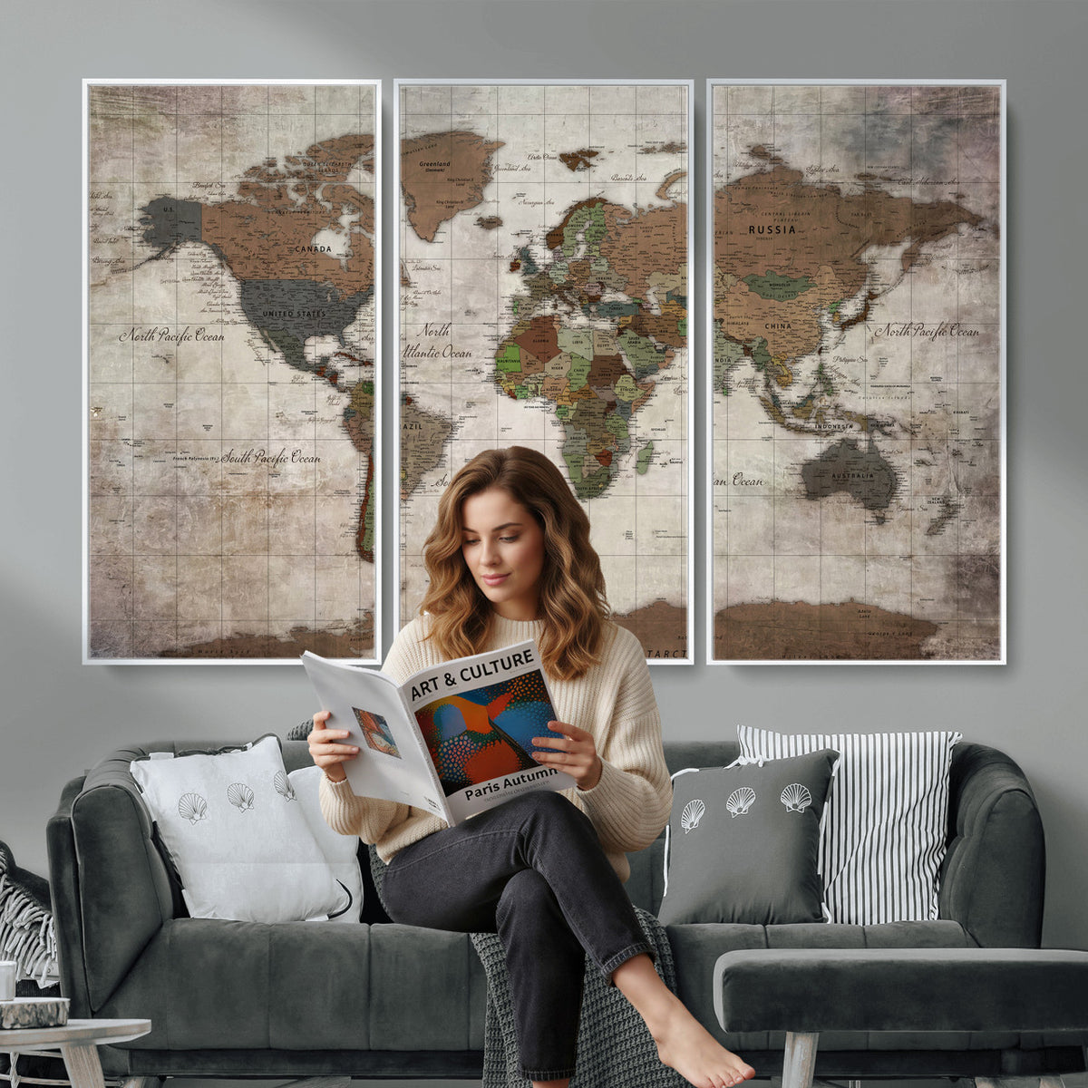 65393892-MGV-CV-36X24 - World Map Wall Art Canvas Print, Modern Decorative Framed Map Artwork Prints for Living Room, Office, Bedroom Wall Decor