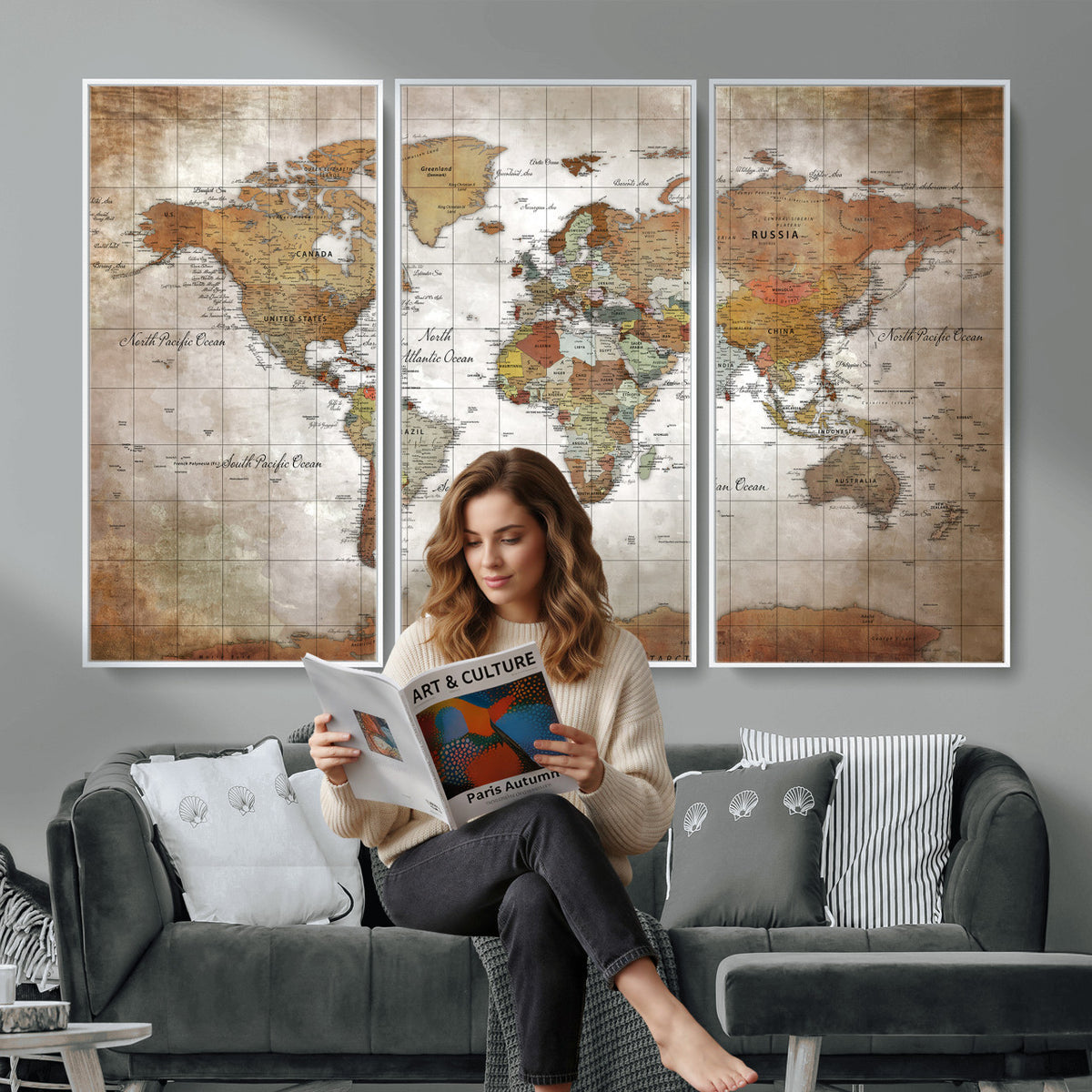 51643807-MGV-CV-36X24 - World Map Wall Art Canvas Print, Modern Decorative Framed Map Artwork Prints for Living Room, Office, Bedroom Wall Decor