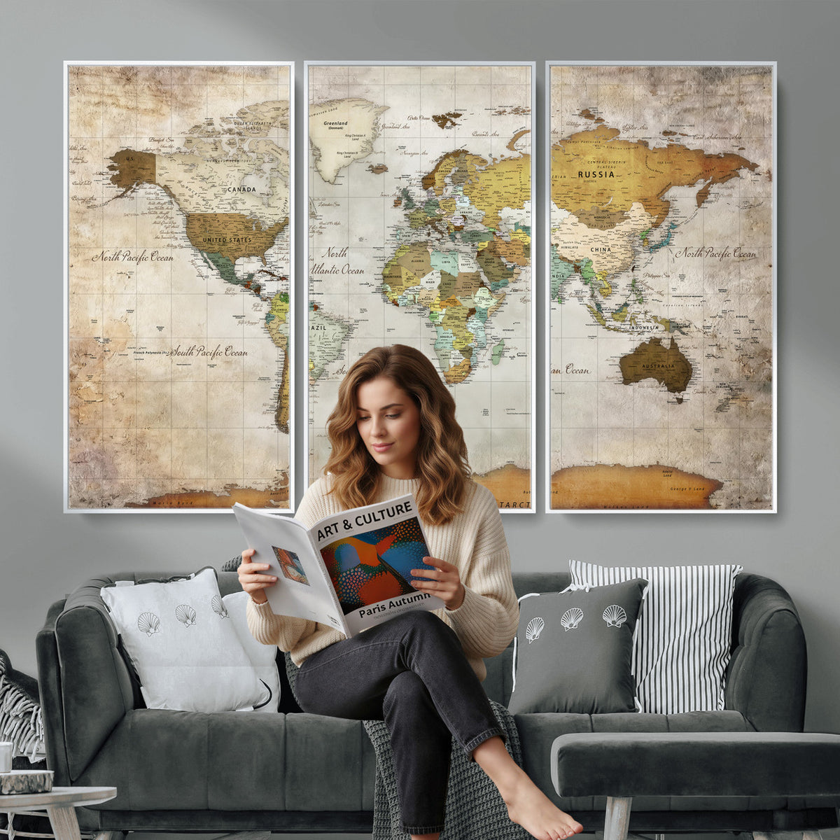 86108417-MGV-CV-36X24 - World Map Wall Art Canvas Print, Modern Decorative Framed Map Artwork Prints for Living Room, Office, Bedroom Wall Decor