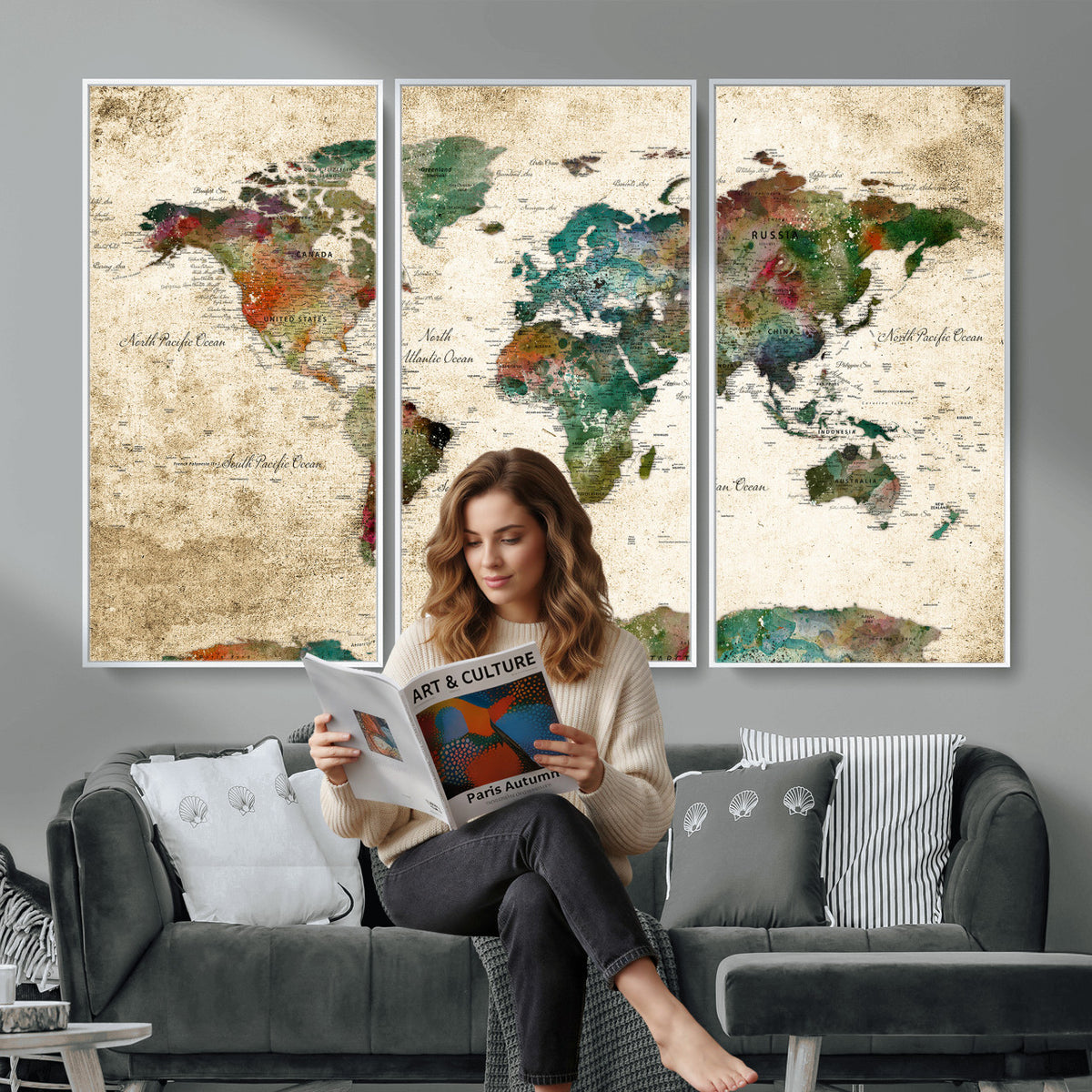 87544591-MGV-CV-36X24 - World Map Wall Art Canvas Print, Modern Decorative Framed Map Artwork Prints for Living Room, Office, Bedroom Wall Decor