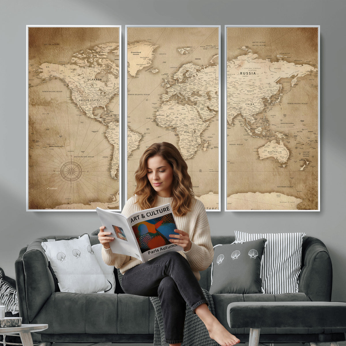 34795134-MGV-CV-36X24 - World Map Wall Art Canvas Print, Modern Decorative Framed Map Artwork Prints for Living Room, Office, Bedroom Wall Decor