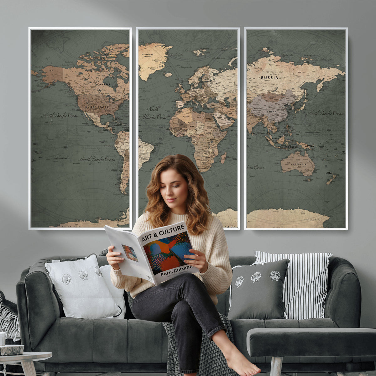 84619399-MGV-CV-36X24 - World Map Wall Art Canvas Print, Modern Decorative Framed Map Artwork Prints for Living Room, Office, Bedroom Wall Decor