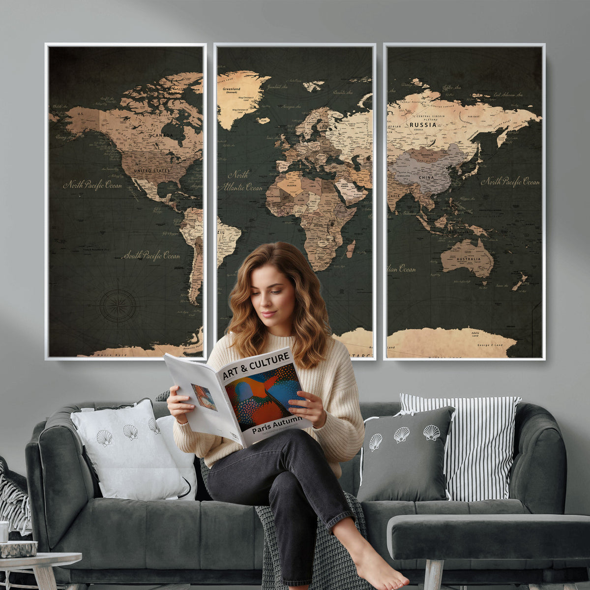 62059333-MGV-CV-36X24 - World Map Wall Art Canvas Print, Modern Decorative Framed Map Artwork Prints for Living Room, Office, Bedroom Wall Decor