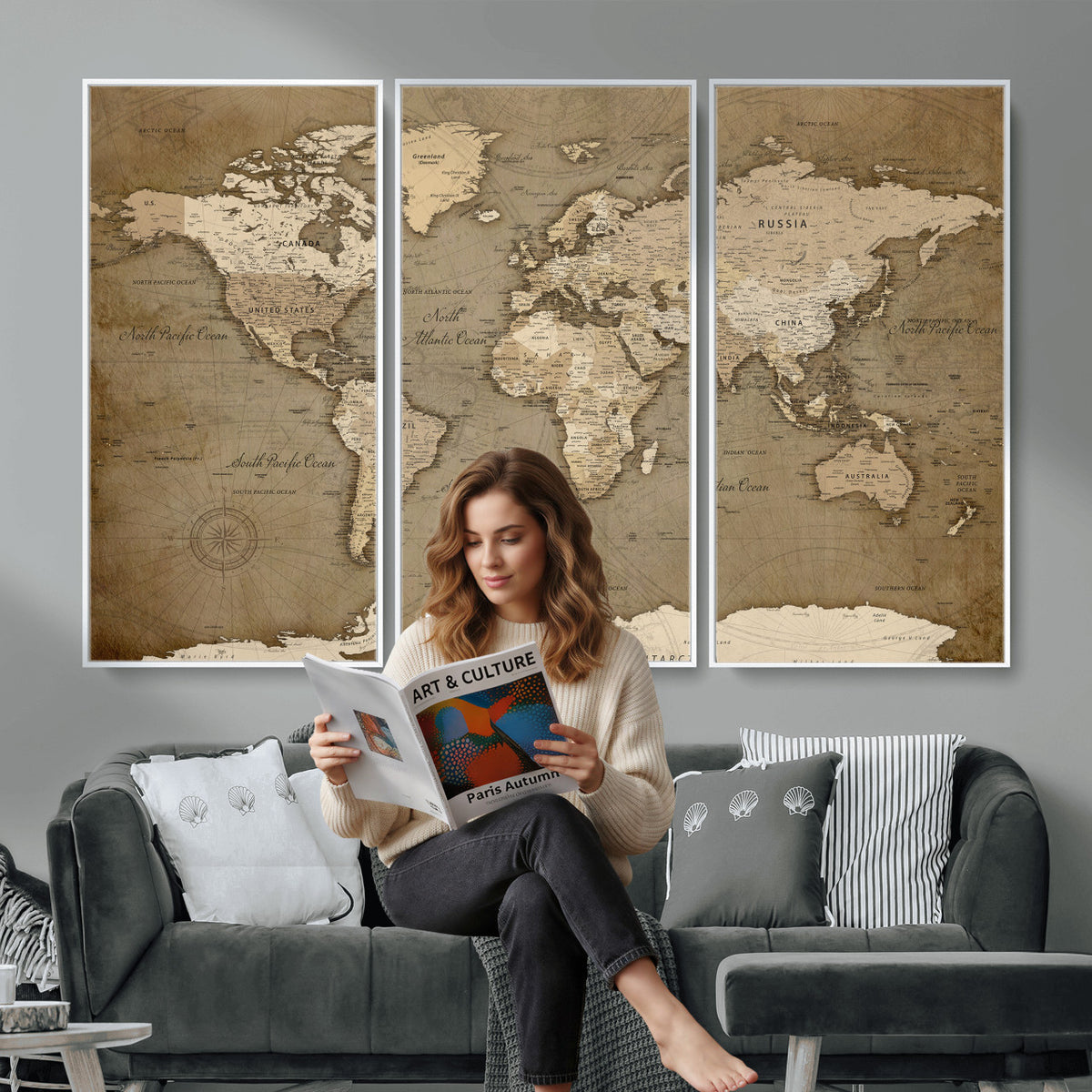 82314635-MGV-CV-36X24 - World Map Wall Art Canvas Print, Modern Decorative Framed Map Artwork Prints for Living Room, Office, Bedroom Wall Decor