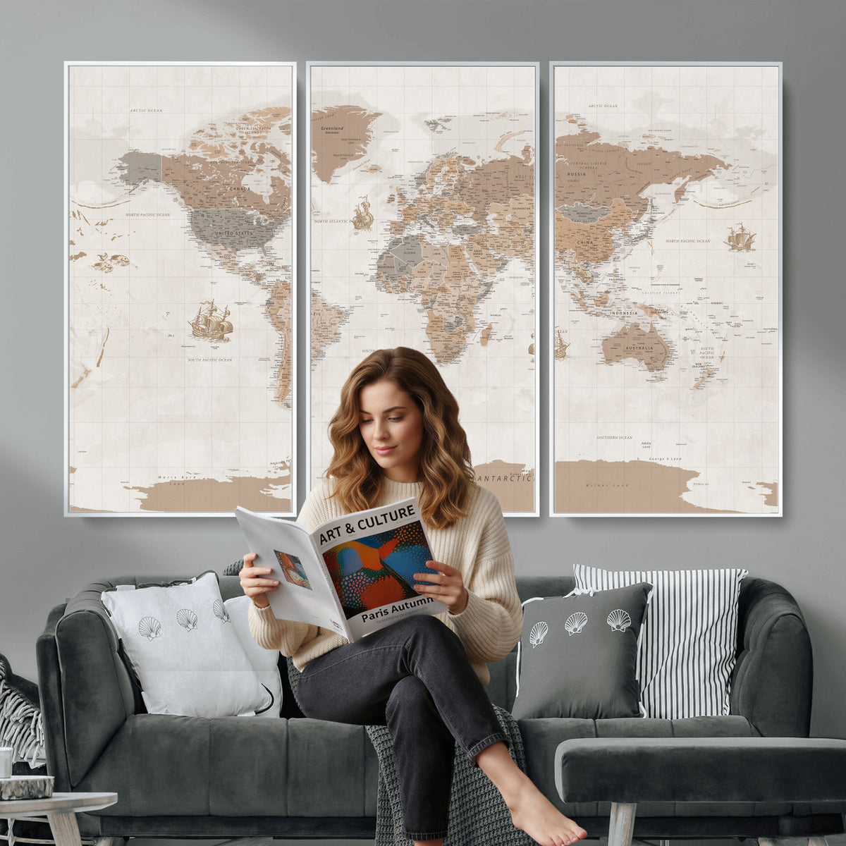 85057279-MGV-CV-36X24 - Framed Large World Map Canvas Print for Office Decor