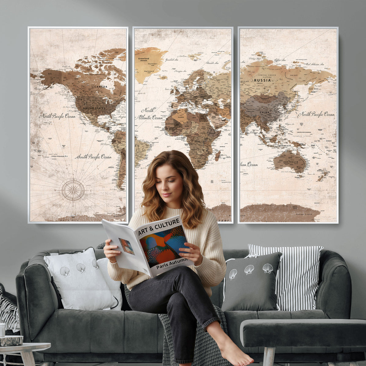 38923639-MGV-CV-36X24 - World Map Wall Art Canvas Print, Modern Decorative Framed Map Artwork Prints for Living Room, Office, Bedroom Wall Decor