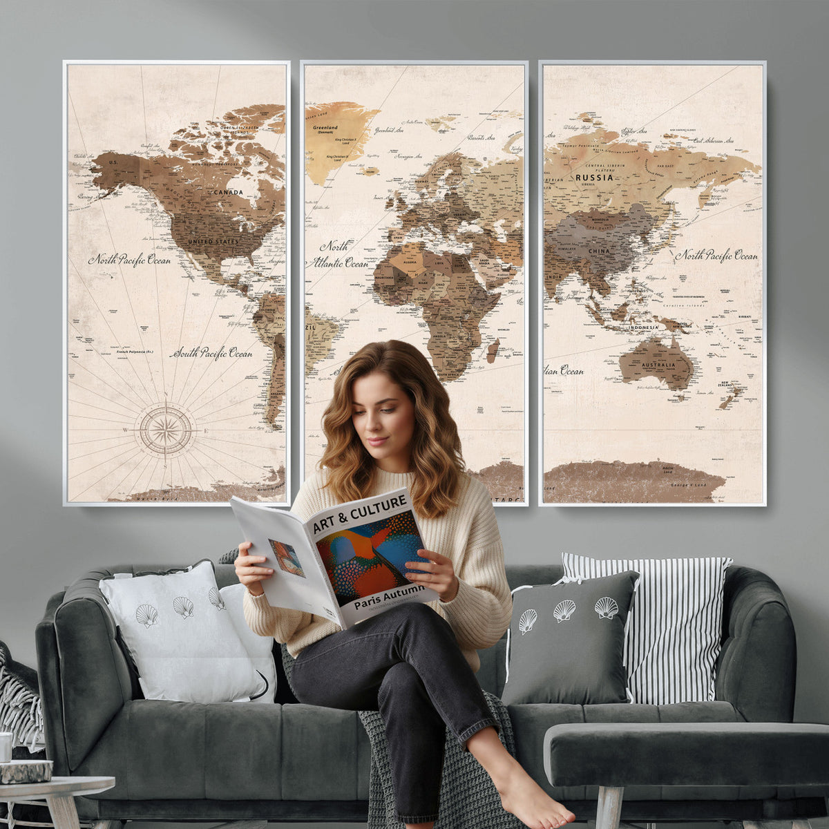 69860078-MGV-CV-36X24 - World Map Wall Art Canvas Print, Modern Decorative Framed Map Artwork Prints for Living Room, Office, Bedroom Wall Decor