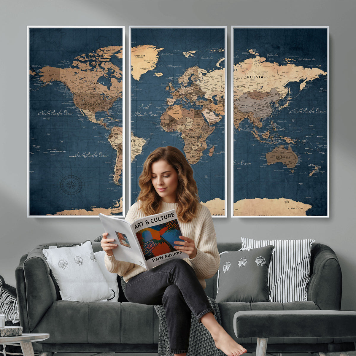 69886352-MGV-CV-36X24 - World Map Wall Art Canvas Print, Modern Decorative Framed Map Artwork Prints for Living Room, Office, Bedroom Wall Decor