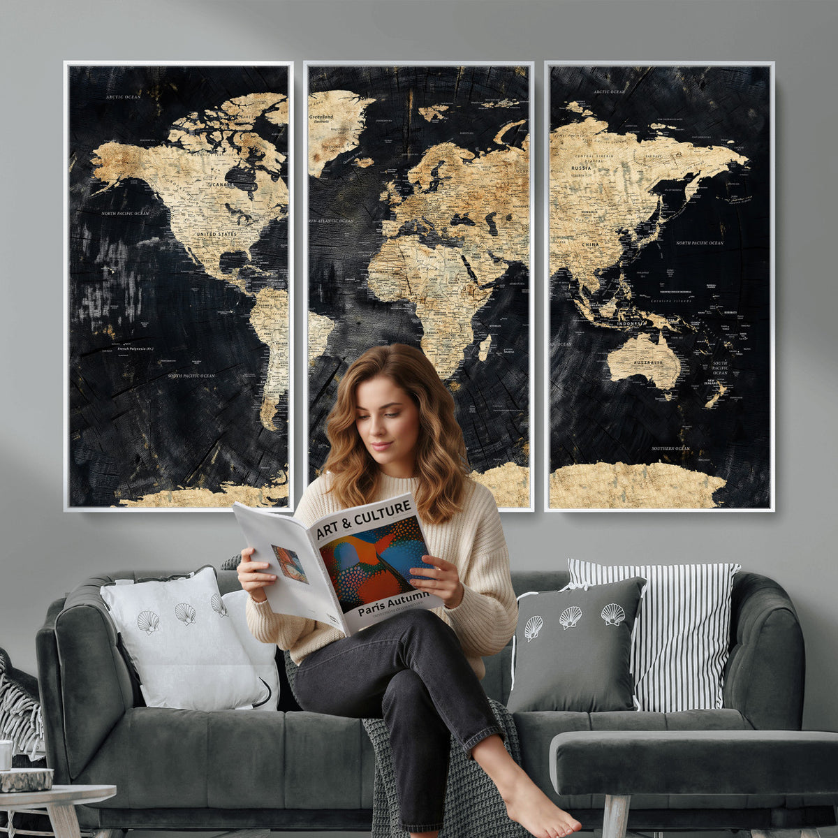 45535041-MGV-CV-36X24 - Framed Large World Map Wall Art Canvas Print for Living Room