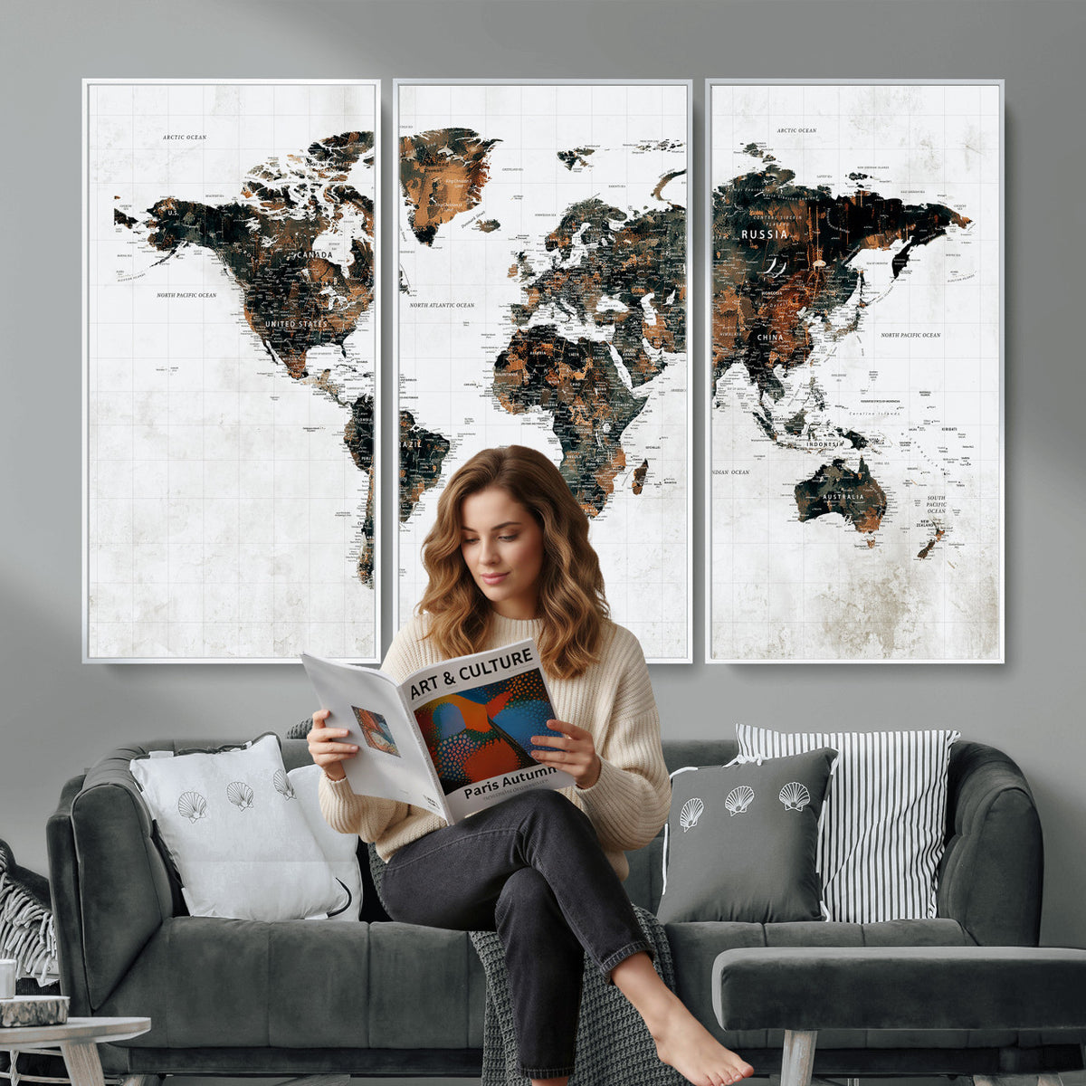 60008766-MGV-CV-36X24 - Large World Map Canvas Print – Framed Travel Map Wall Art