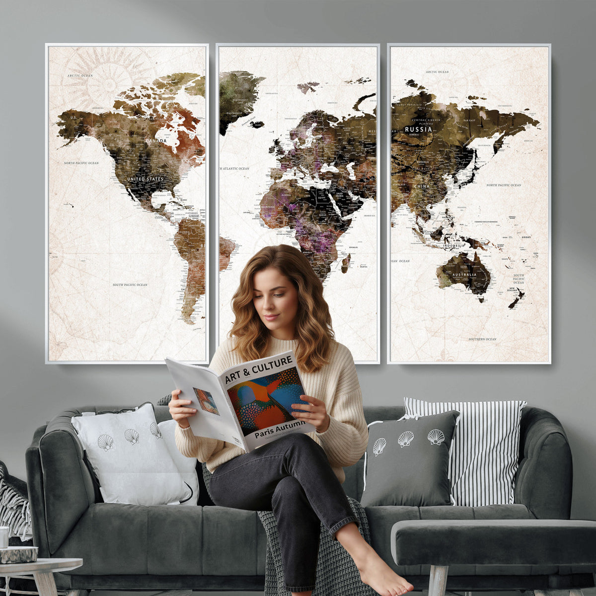 77651968-MGV-CV-36X24 - Watercolor World Map Print - Large Wall Art Canvas Print for