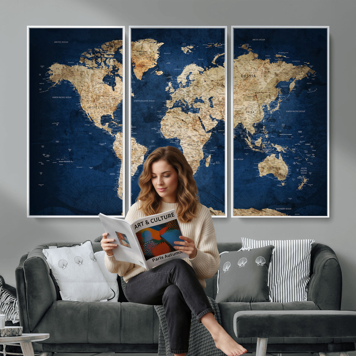 57503519-MGV-CV-36X24 - World Map Canvas Print – Framed Travel Map Wall Art for