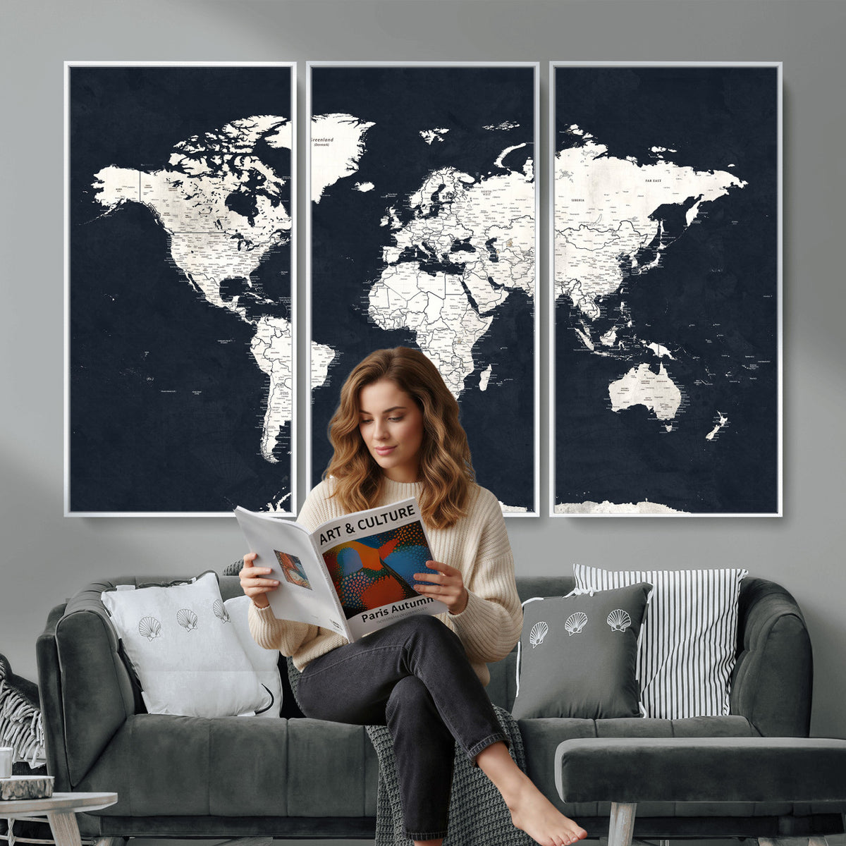 11963807-MGV-CV-36X24 - Black World Map Wall Art Canvas Print for Home Office and Meeting Room Decor
