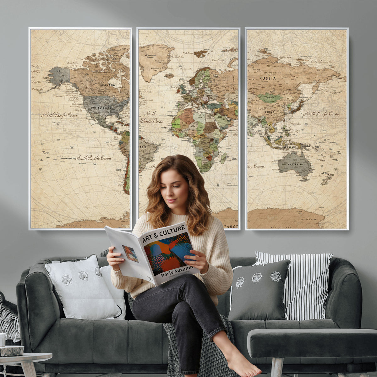 16856902-MGV-CV-36X24 - Vintage World Map Canvas Wall Art - Rustic Grunge Texture