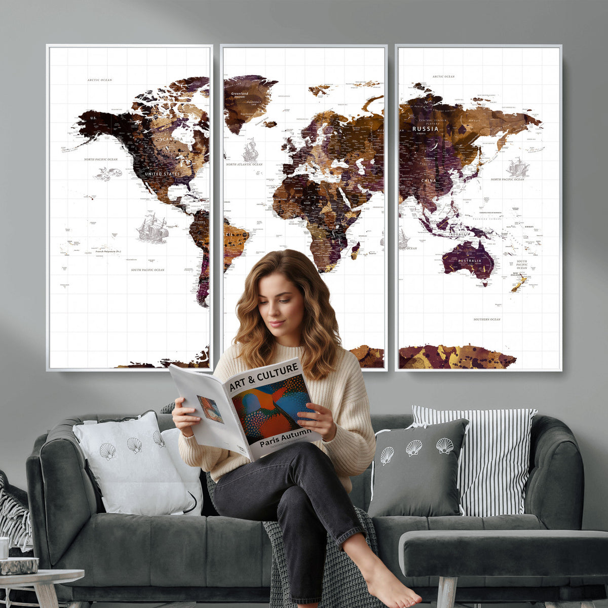 34792695-MGV-CV-36X24 - Rustic World Map Wall Art Canvas Print | Large Vintage Blue World Map on Wood Grain Style Background
